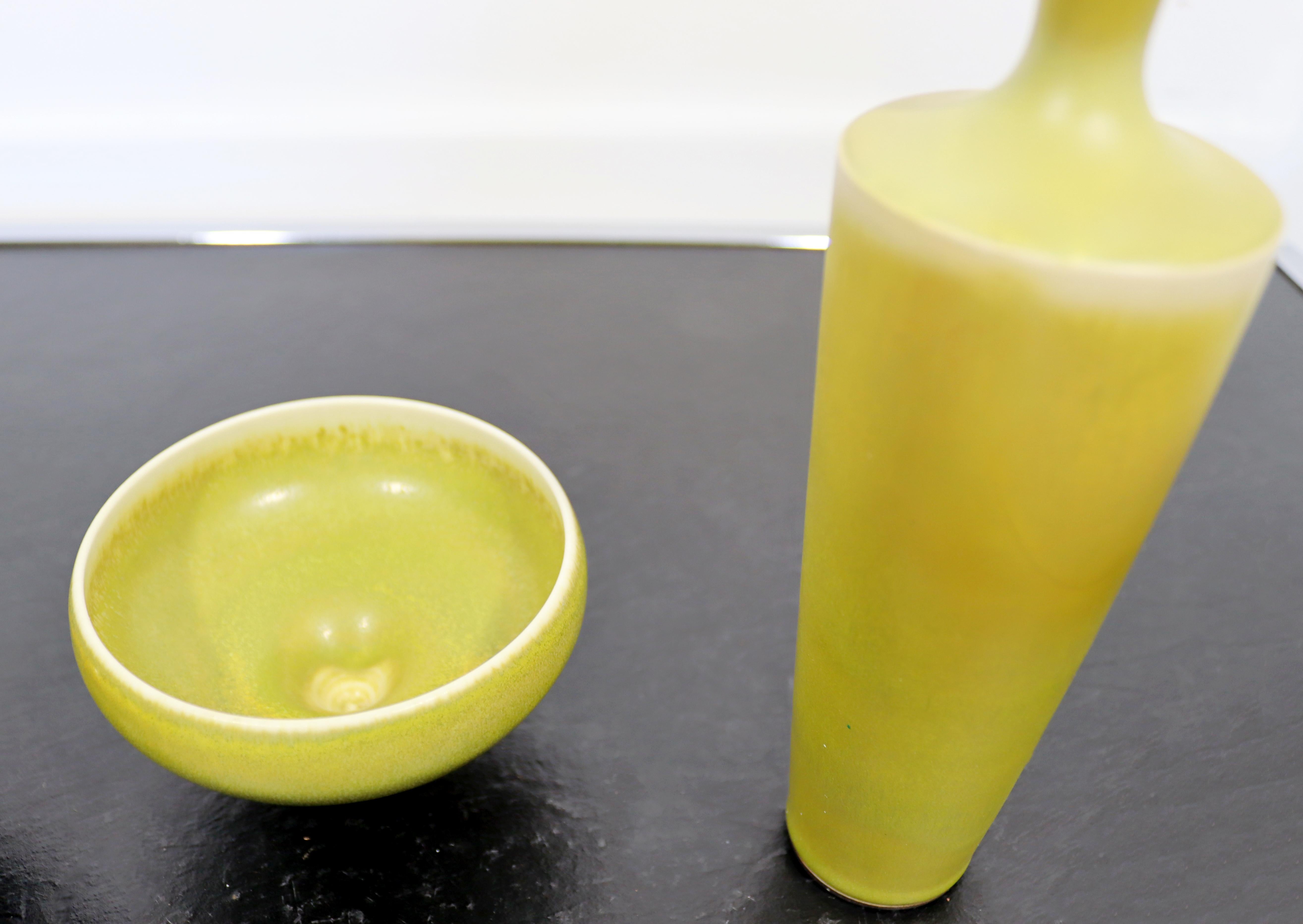 Swedish Mid Century Modern 3 Pc Ceramic Set Signed Berndt Friberg Yellow Hare Glaze 60s