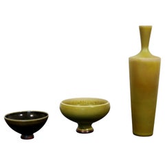 Mid Century Modern 3 Pc Ceramic Set Signed Berndt Friberg Yellow Hare Glaze 60s
