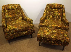 Mid-Century Modern Three-Piece Floral Lounge Chair and Ottoman Set