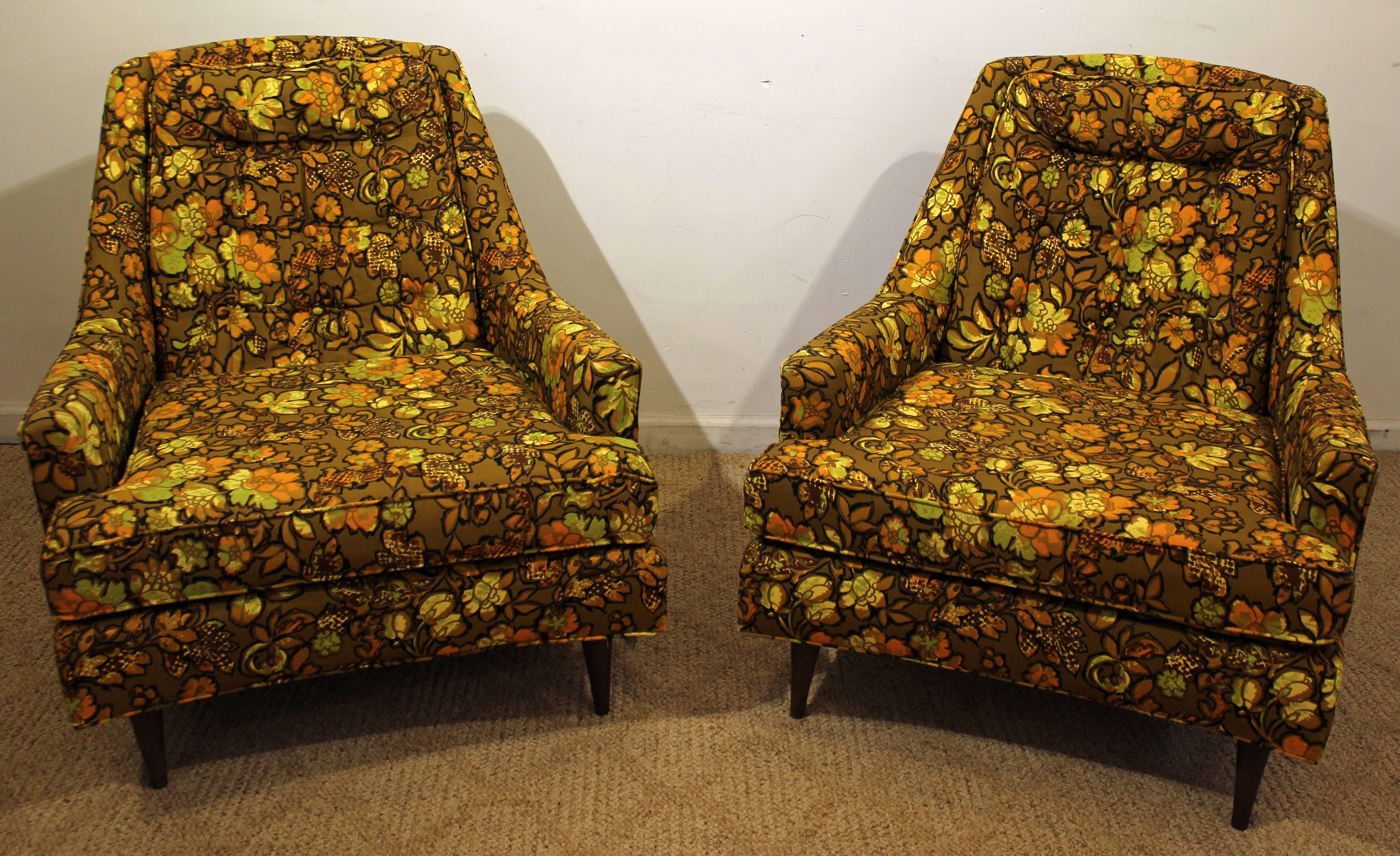 Unknown Mid-Century Modern Three-Piece Floral Lounge Chair and Ottoman Set