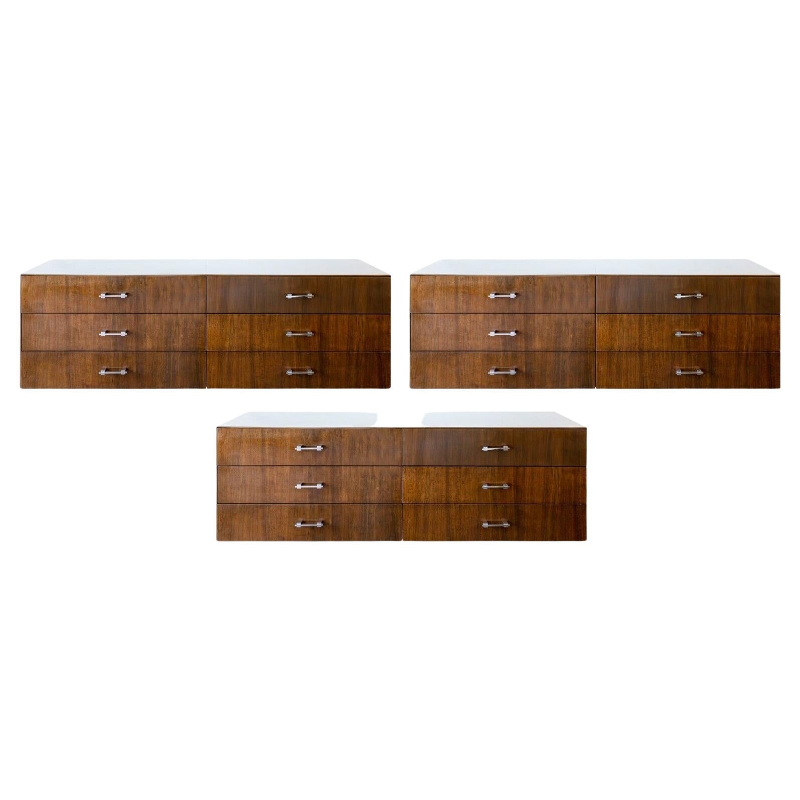 Mid-Century Modern 3 Piece Walnut Chrome Tobocman Wall Hanging Floating Credenza For Sale