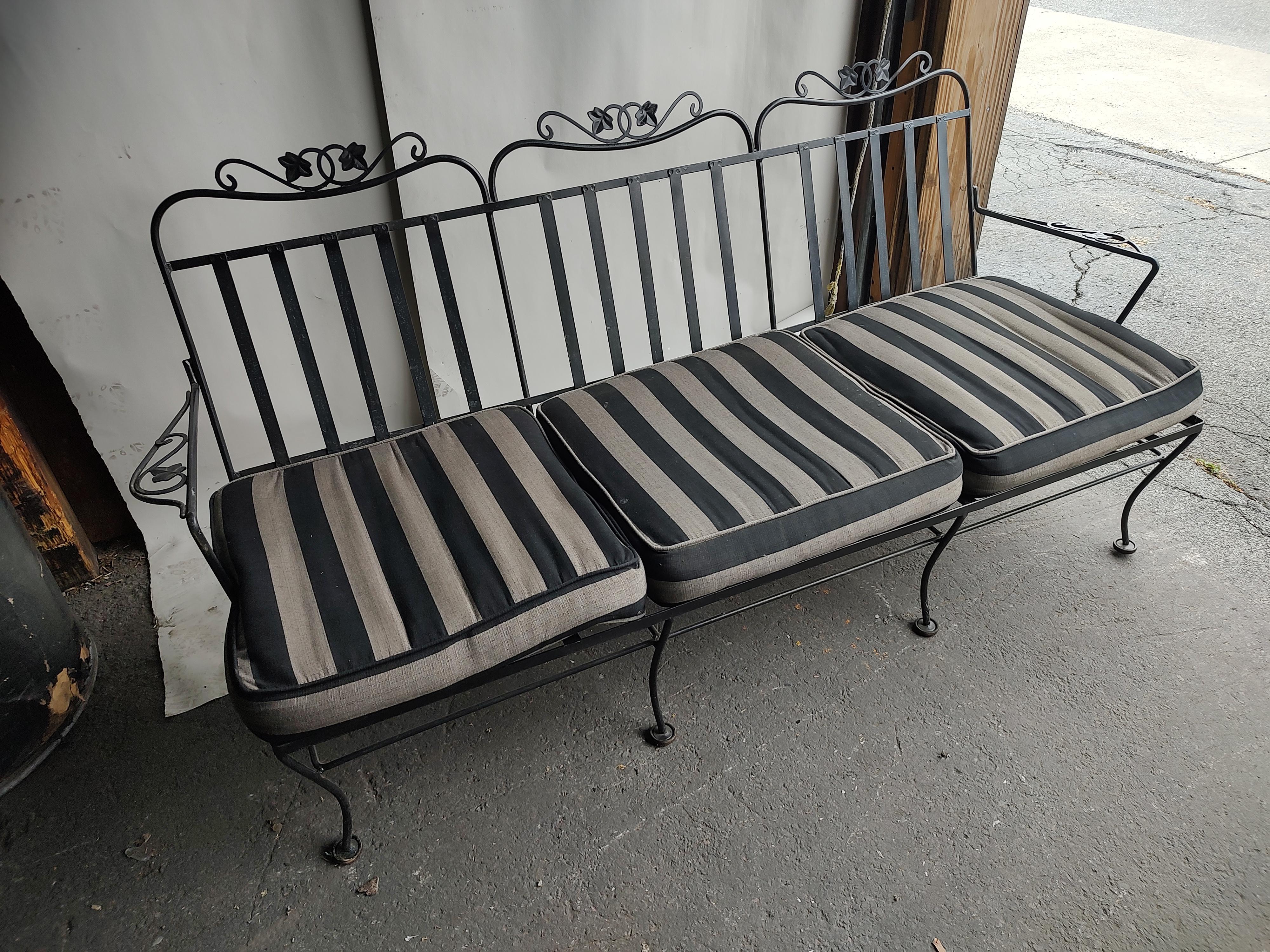 Hollywood Regency Mid-Century Modern 3 Seat Iron Sofa with Full Cushions by John Salterini C1960