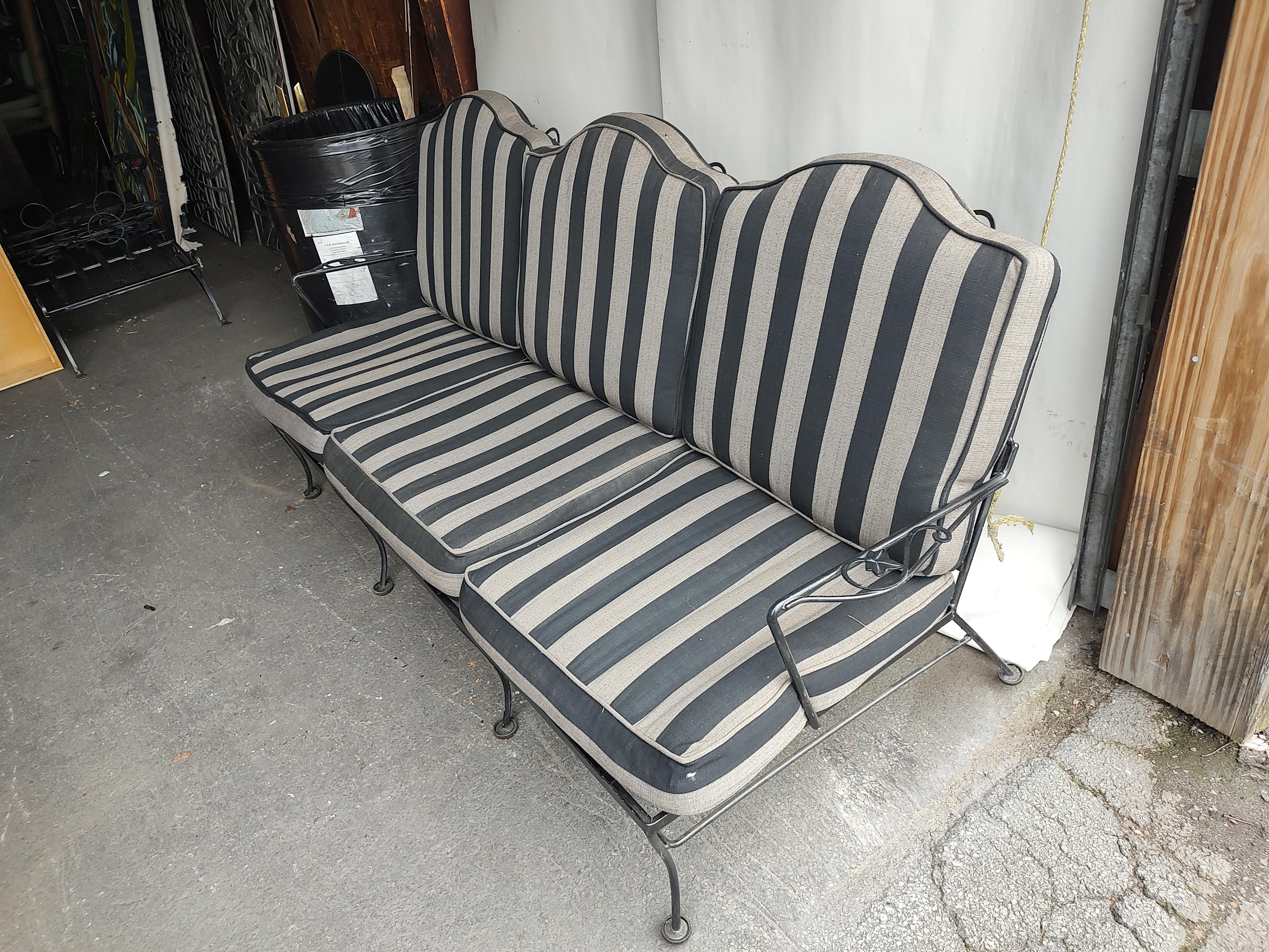 Hand-Crafted Mid-Century Modern 3 Seat Iron Sofa with Full Cushions by John Salterini C1960