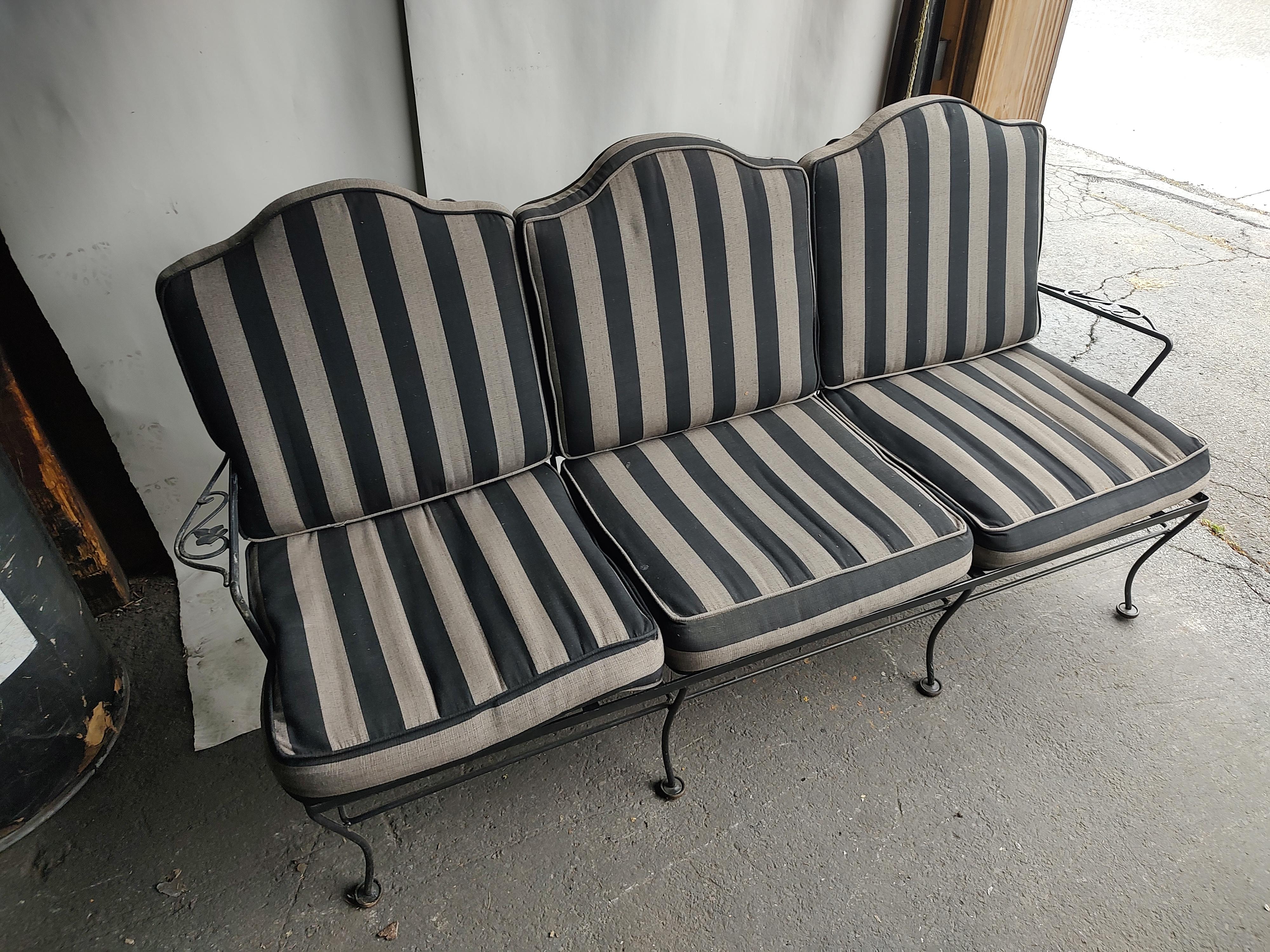 Fabric Mid-Century Modern 3 Seat Iron Sofa with Full Cushions by John Salterini C1960