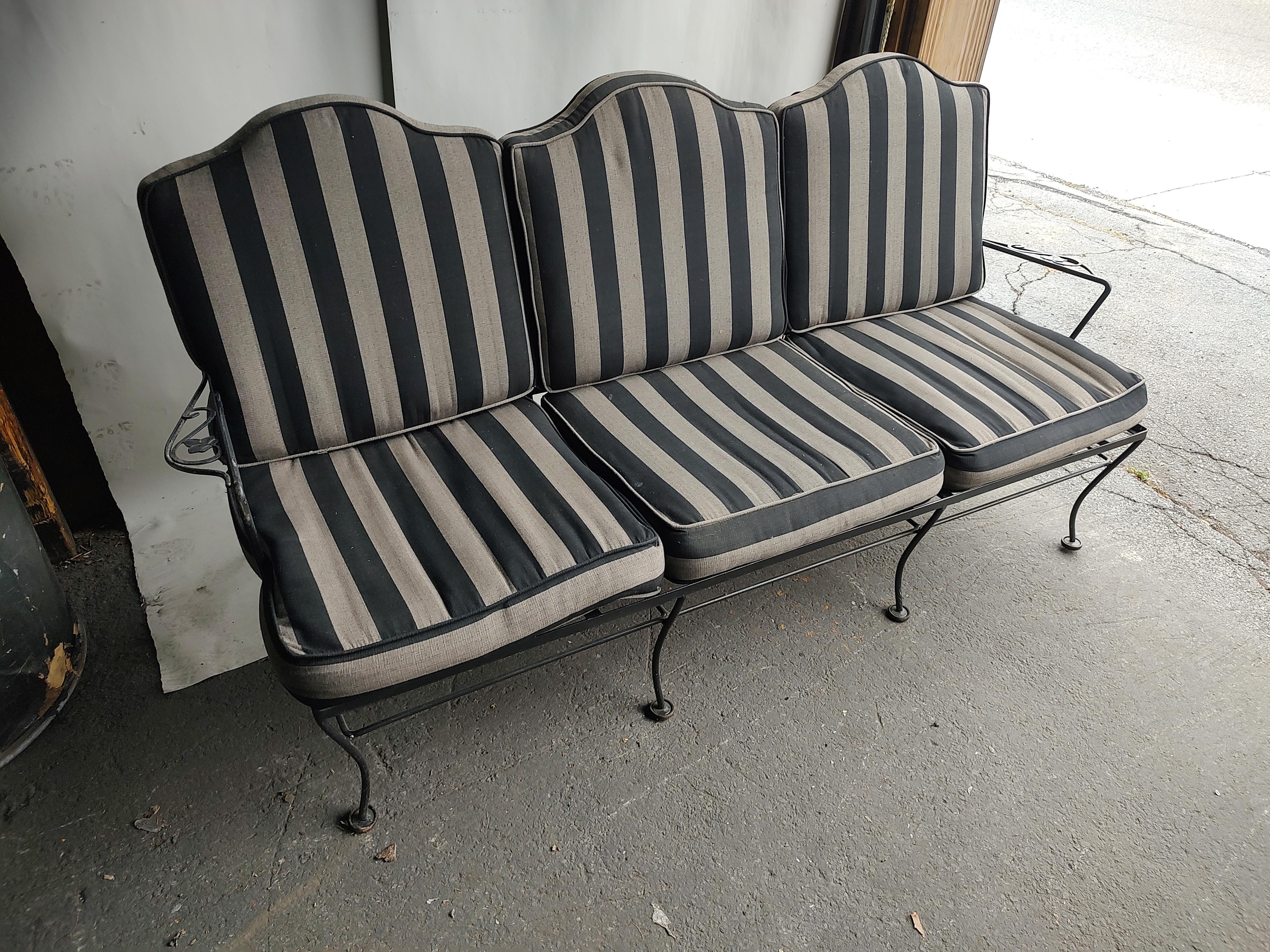 Mid-Century Modern 3 Seat Iron Sofa with Full Cushions by John Salterini C1960 1
