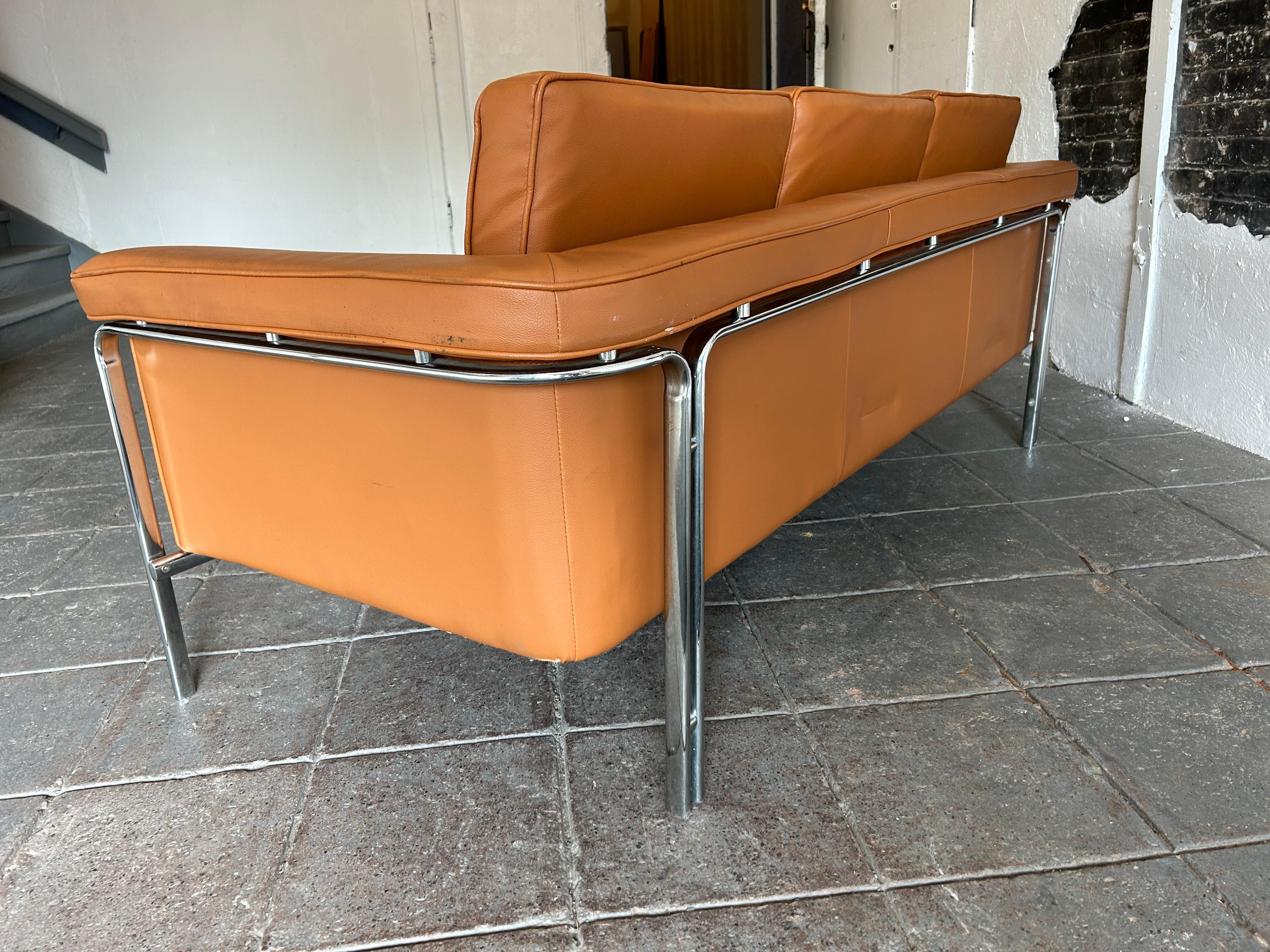 Mid-Century Modern Mid Century Modern 3 seat Tan Leather Chrome frame sofa Style of Horst Brüning For Sale