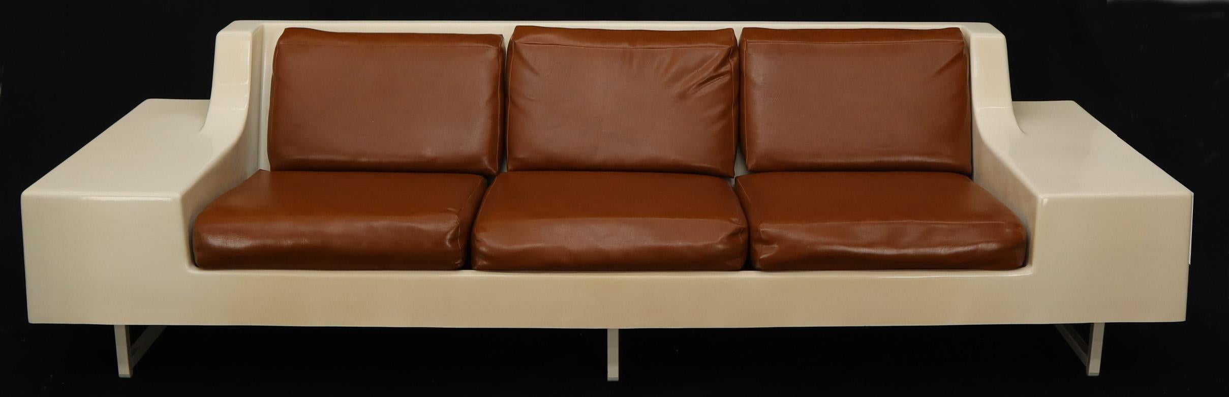 Molded Mid-Century Modern 3-Seat Fiberglass Sofa with End Tables