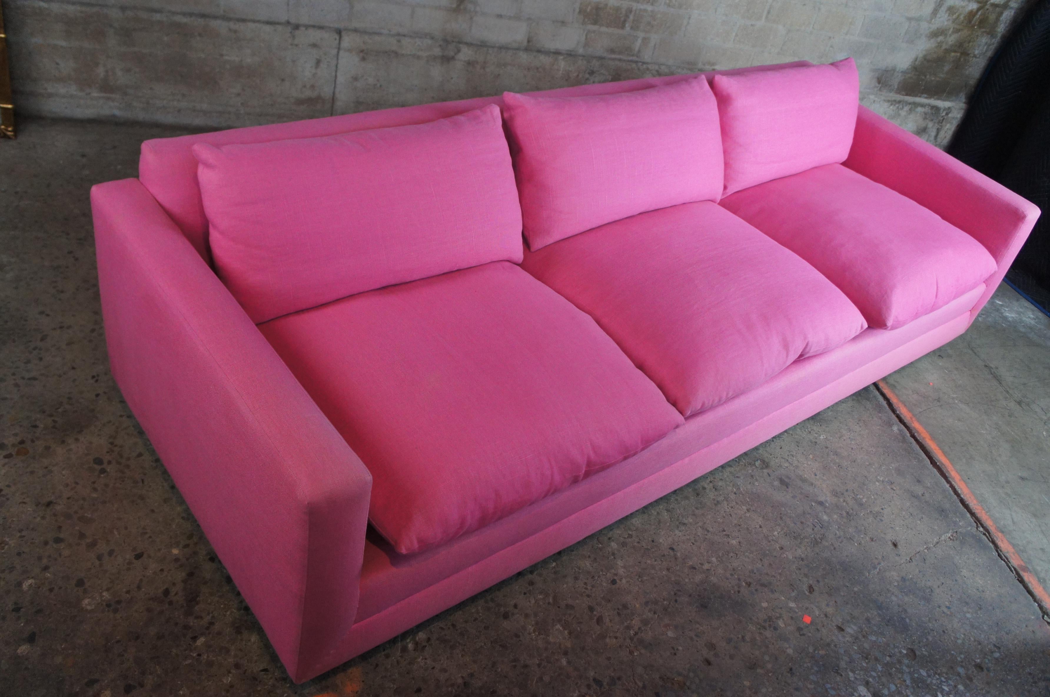 Upholstery Mid-Century Modern 3 Seater Pink Floating Platform Sofa Couch Down Filled