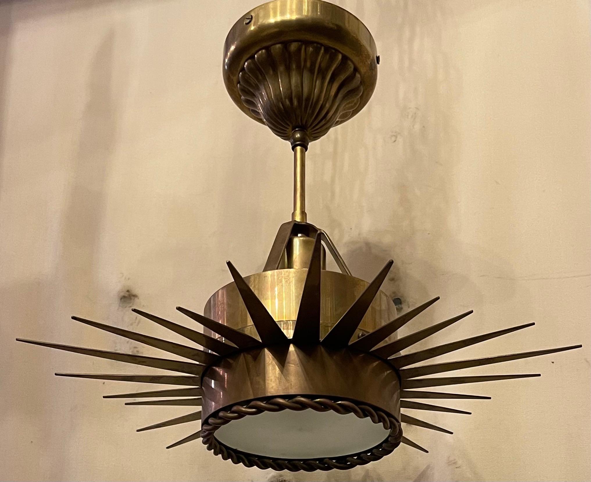 Mid-Century Modern Semi-Flush Mount Brass Frosted Glass Star Pendent Fixture In Good Condition In Roslyn, NY