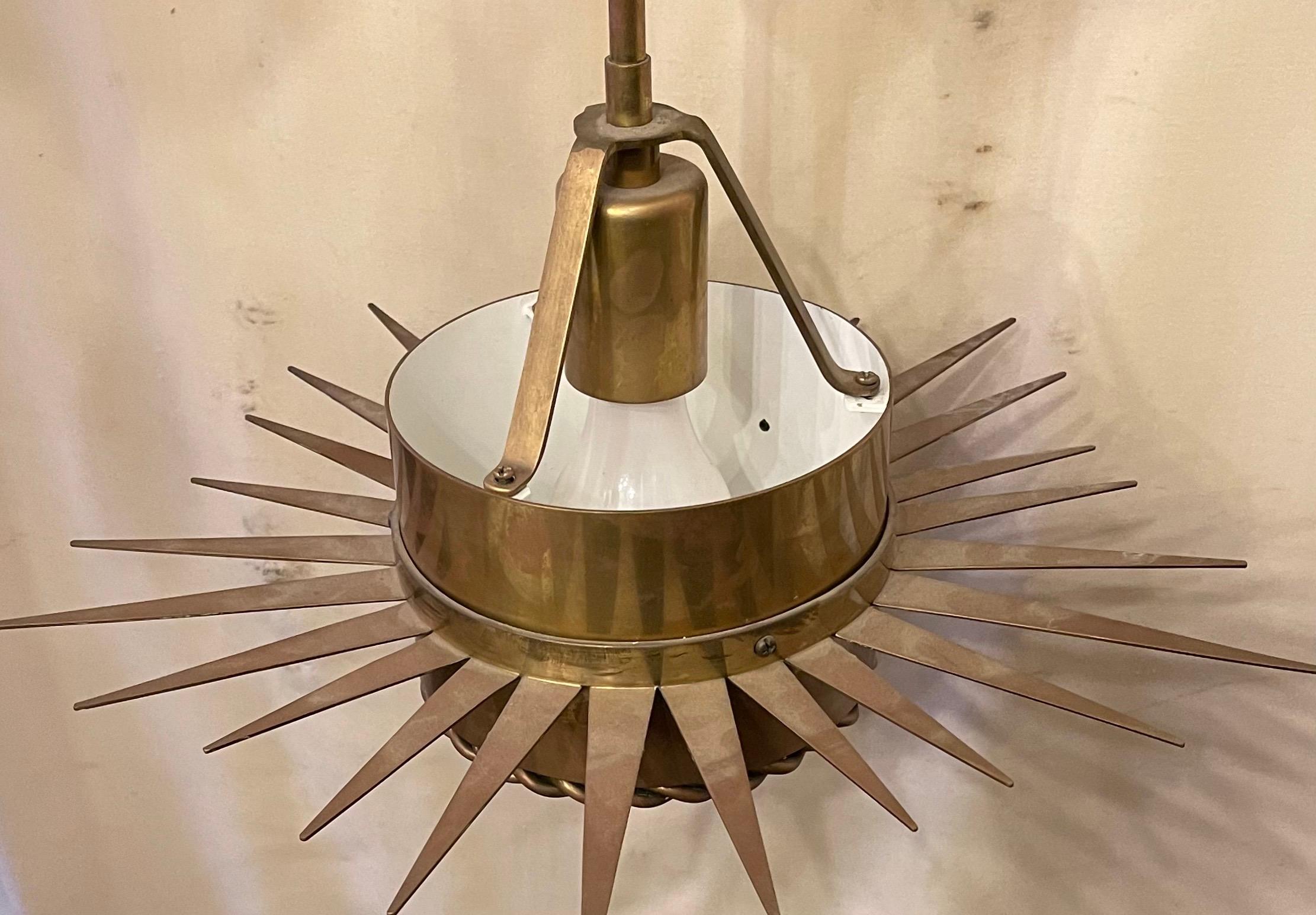 Mid-Century Modern Semi-Flush Mount Brass Frosted Glass Star Pendent Fixture 1