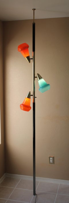 Mid Century Modern 3-Shade Glass Tension Pole Lamp Orange Blue Stiffel Era