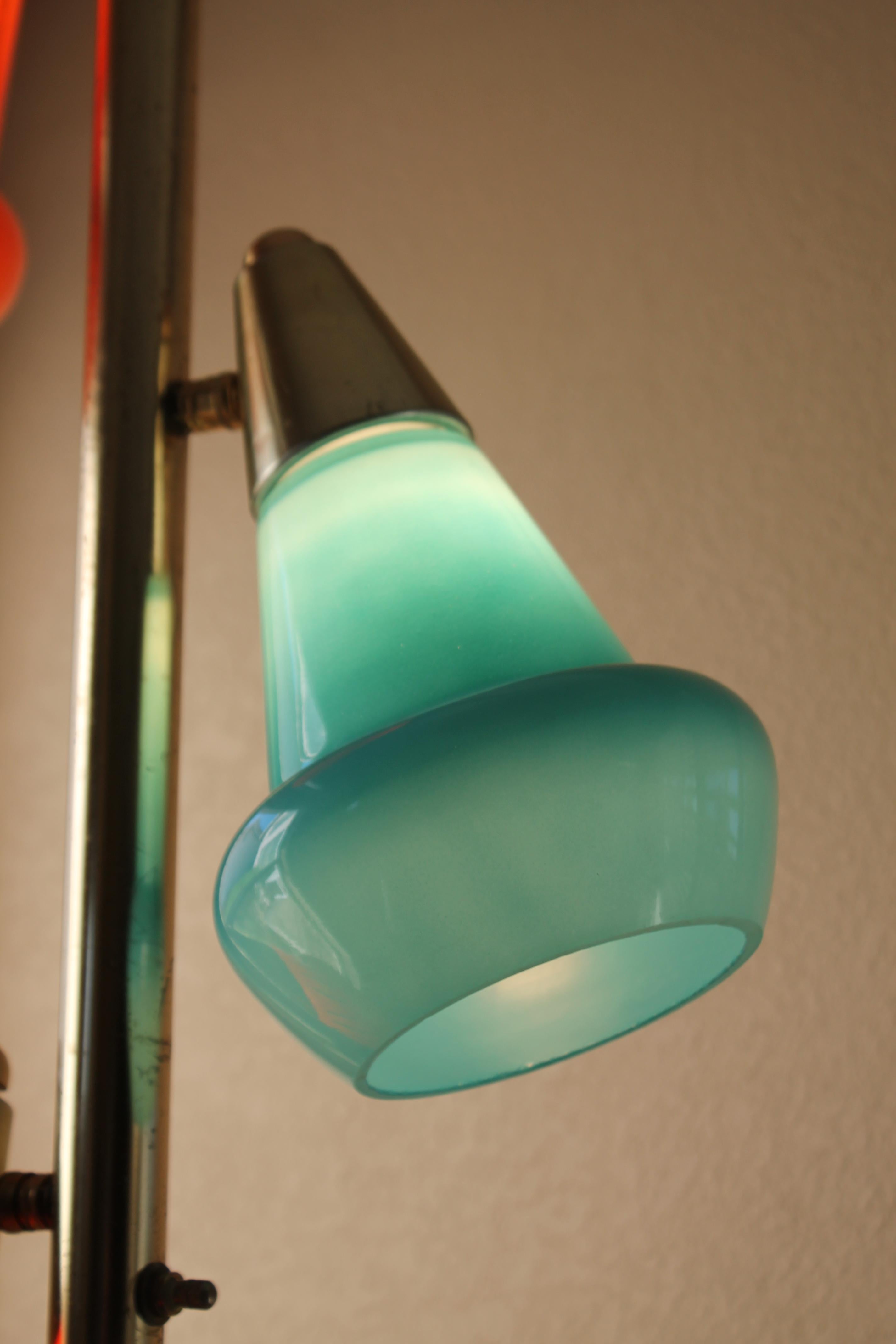 Mid-Century Modern Mid Century Modern 3-Shade Glass Tension Pole Lamp Orange Blue Stiffel Era