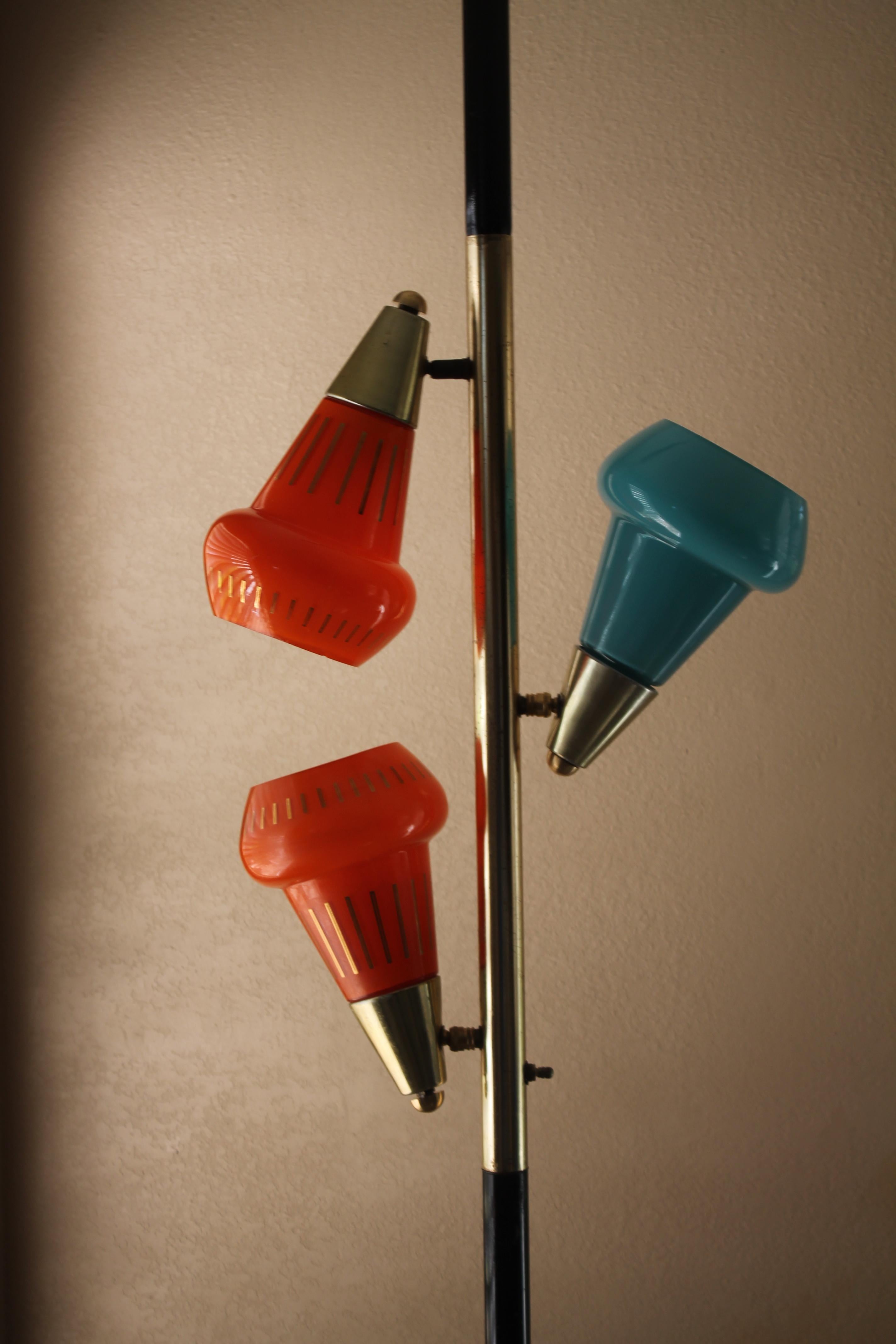 Mid-Century Modern Mid Century Modern 3-Shade Glass Tension Pole Lamp Orange Blue Stiffel Era