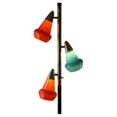 Retro Mid Century Modern 3-Shade Glass Tension Pole Lamp Orange Blue Stiffel Era