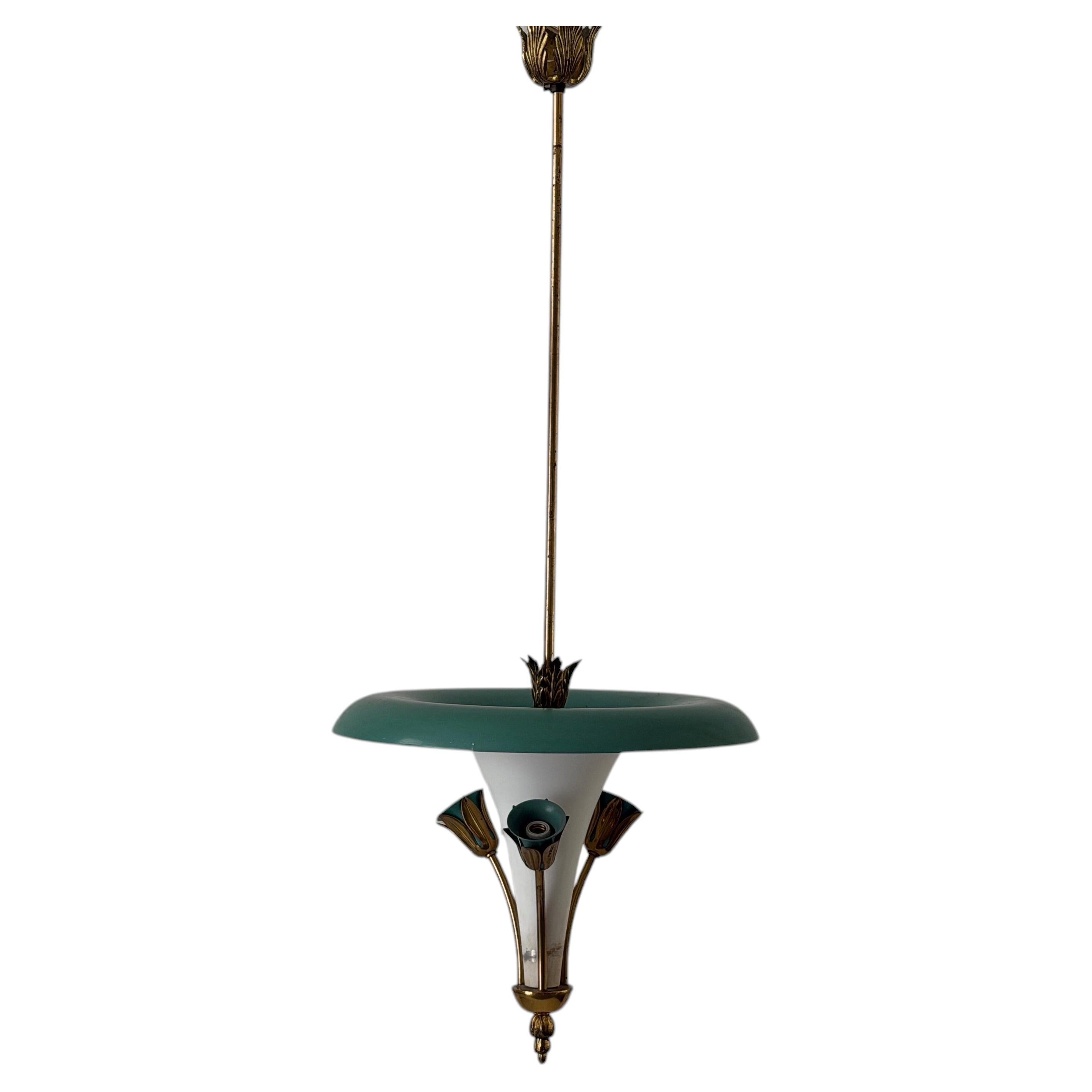 Mid-century Modern 3 Socket Green Brass Ceiling Lamp, 1950s, Italy