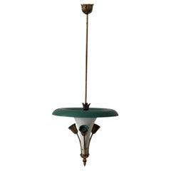 Mid-century Modern 3 Socket Green Brass Ceiling Lamp, 1950s, Italy