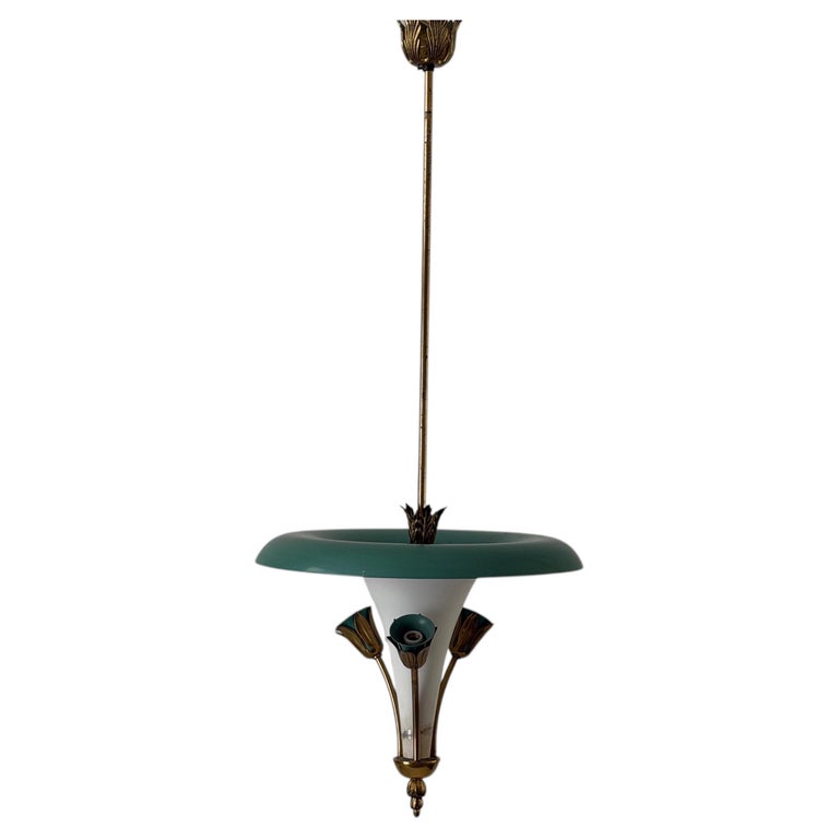 Mid-century Modern 3 Socket Green Brass Ceiling Lamp, 1950s, Italy