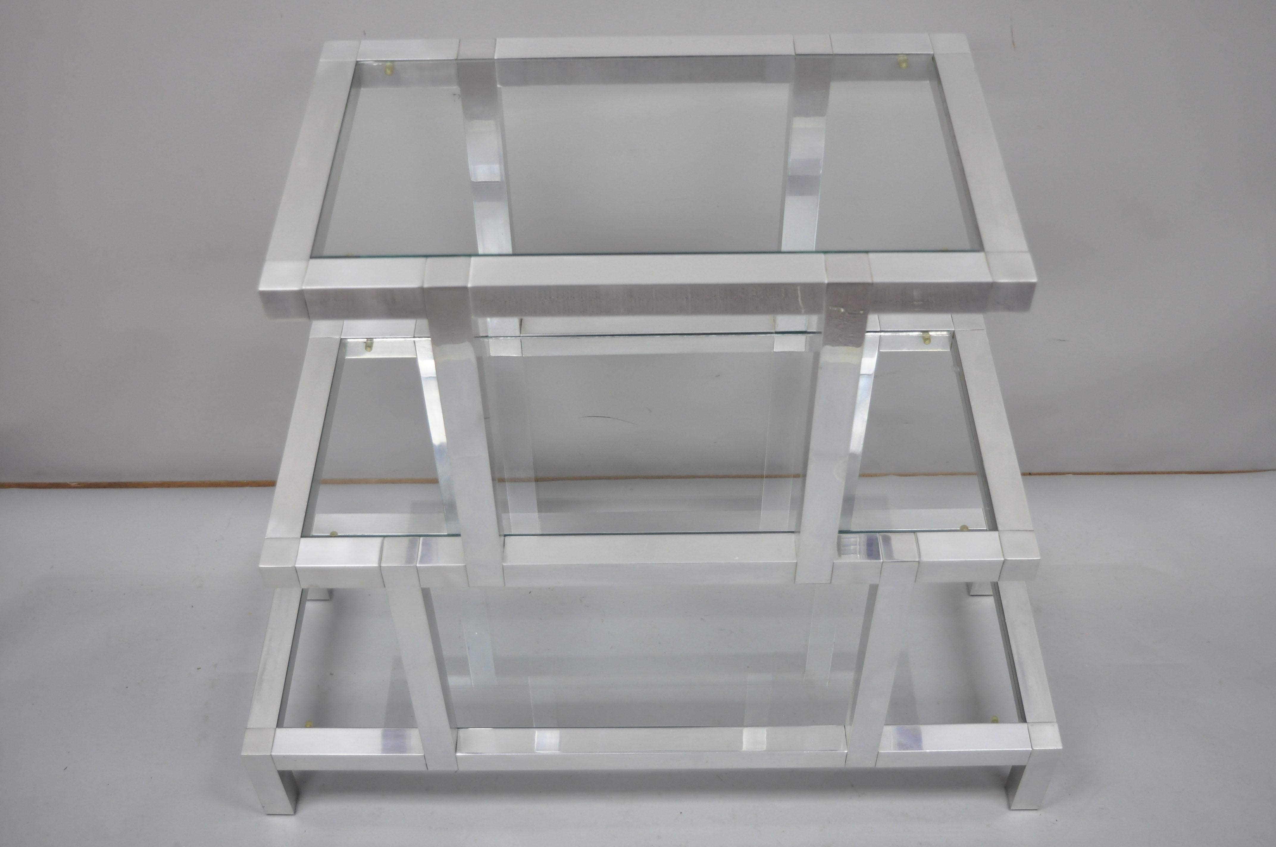 Mid-Century Modern 3-Tier Aluminum Glass Baughman Style Etagere Display Shelf In Good Condition In Philadelphia, PA