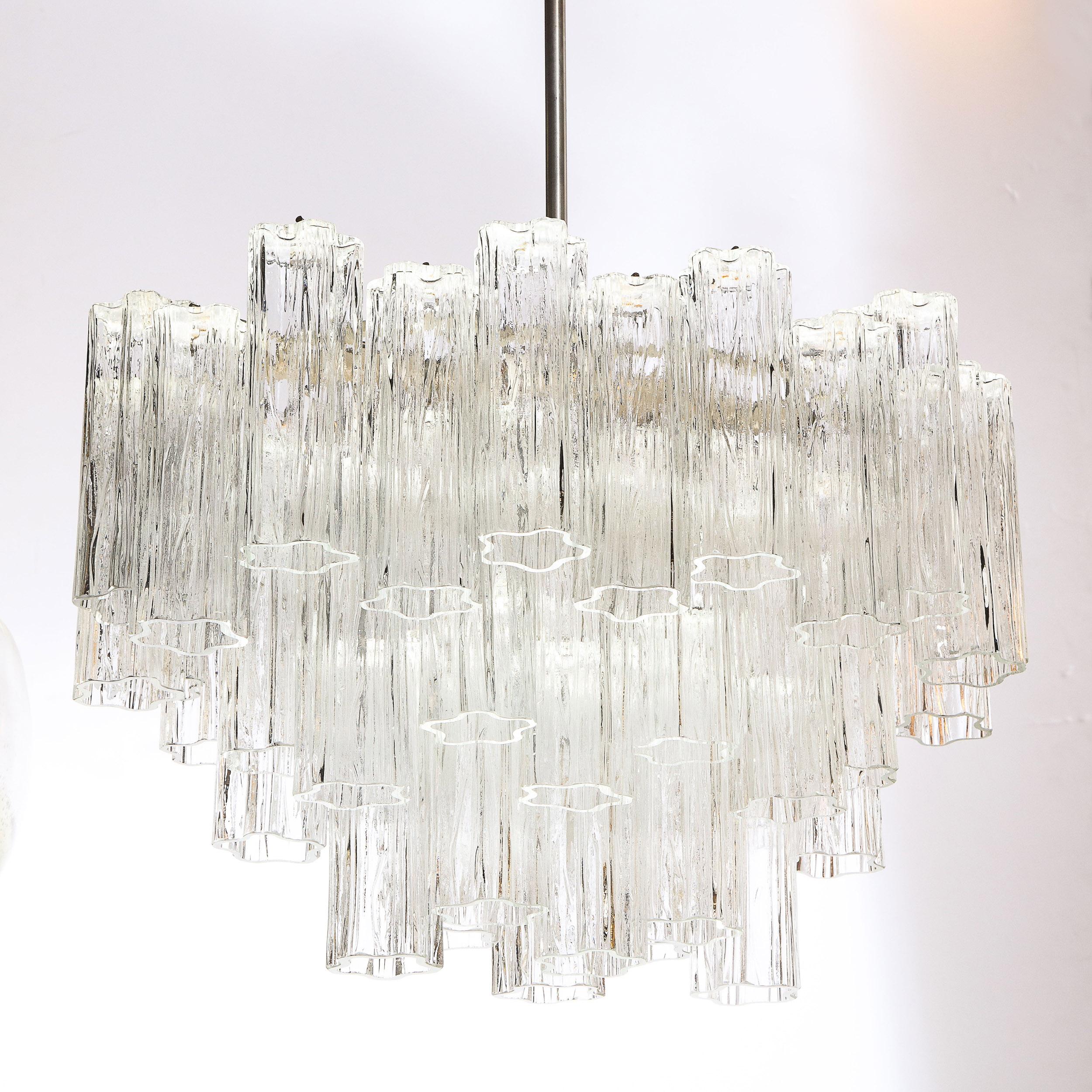 Mid-Century Modern 3-Tier Chrome & Handblown Glass Tronchi Chandelier by Camer In Excellent Condition In New York, NY