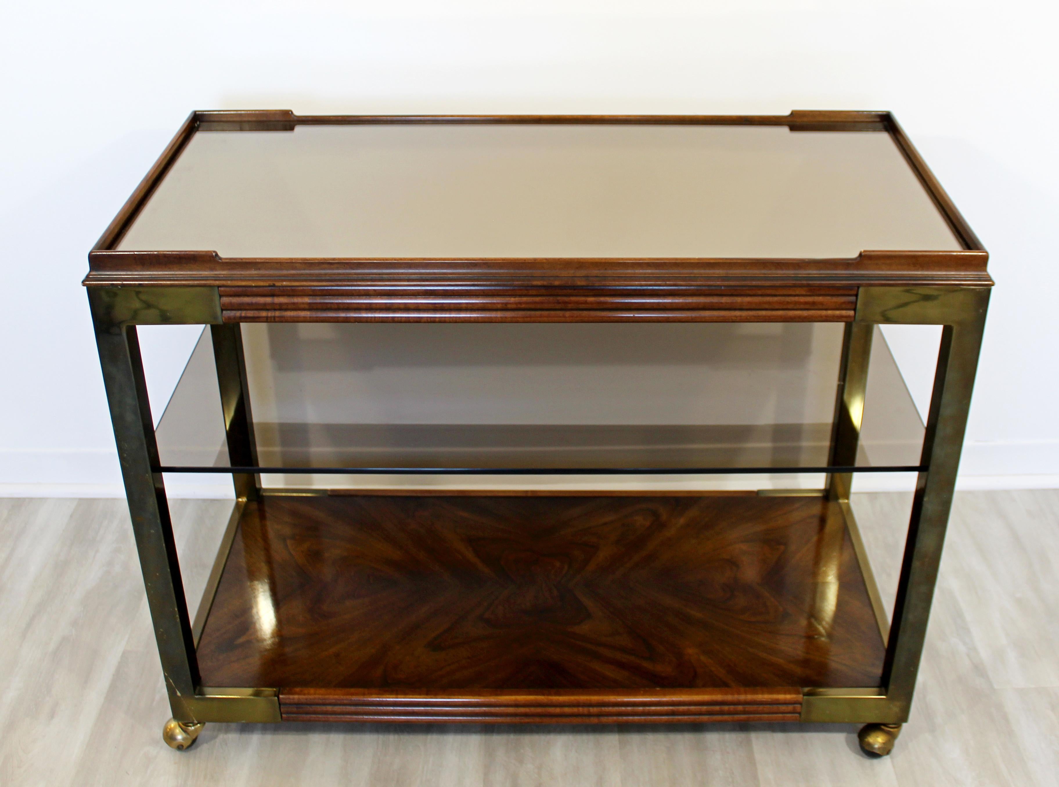 American Mid Century Modern 3 Tiered Wood Brass Glass Mirror Top Serving Bar Cart, 1950s