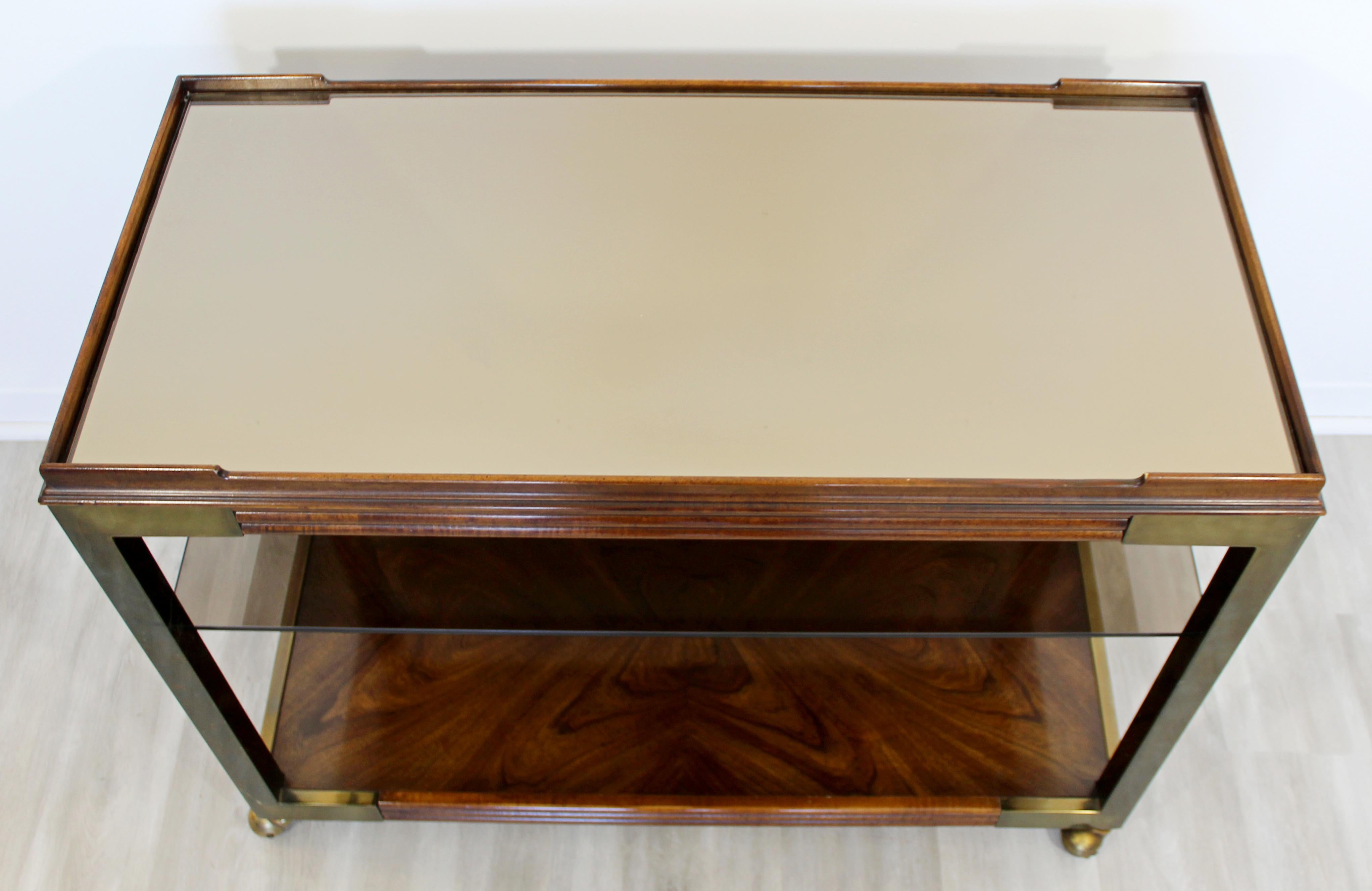 Mid Century Modern 3 Tiered Wood Brass Glass Mirror Top Serving Bar Cart, 1950s In Good Condition In Keego Harbor, MI