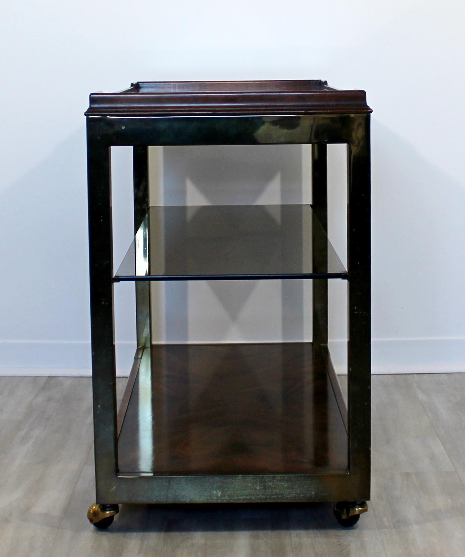 Mid-20th Century Mid Century Modern 3 Tiered Wood Brass Glass Mirror Top Serving Bar Cart, 1950s
