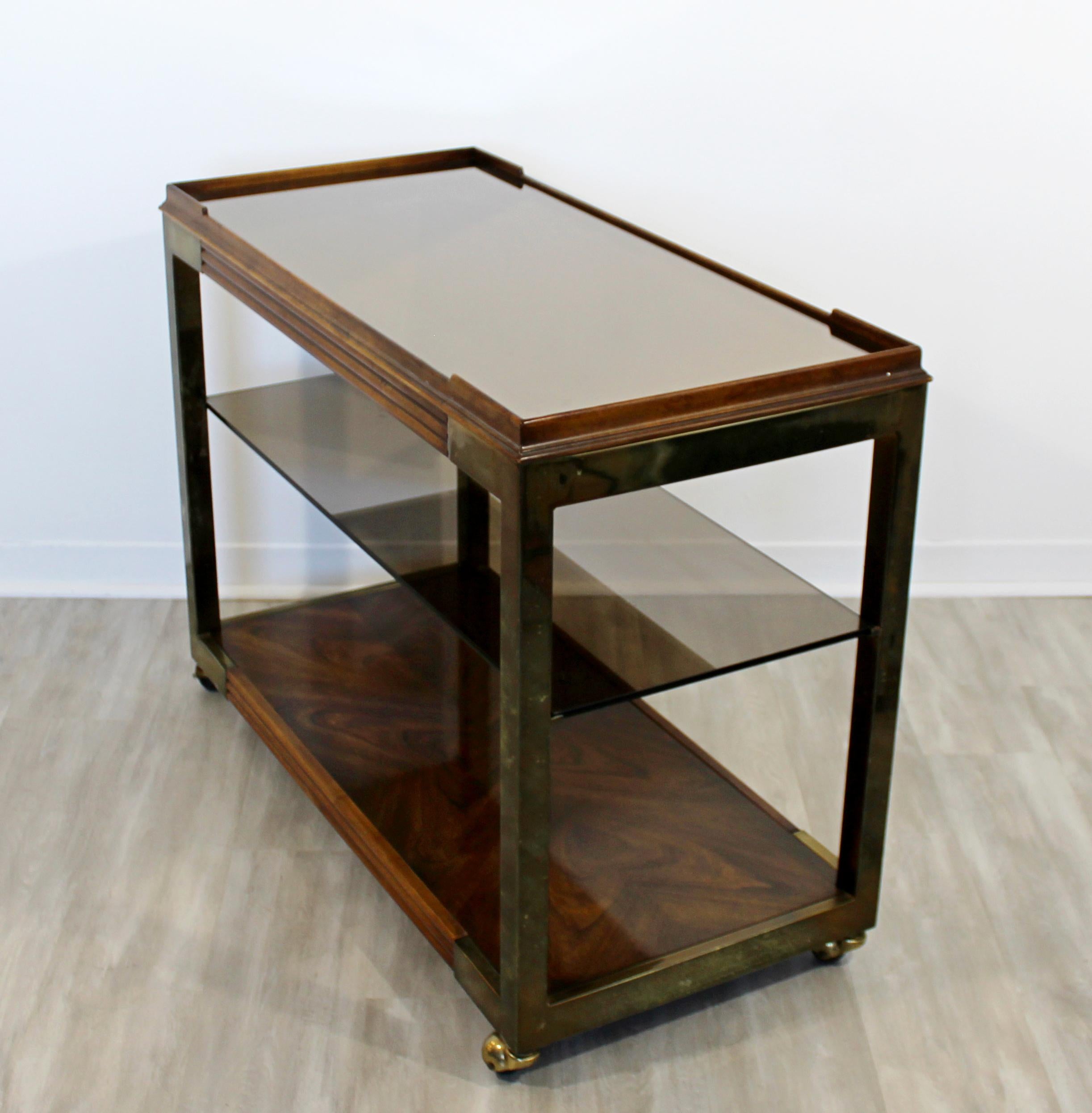 Mid Century Modern 3 Tiered Wood Brass Glass Mirror Top Serving Bar Cart, 1950s 1