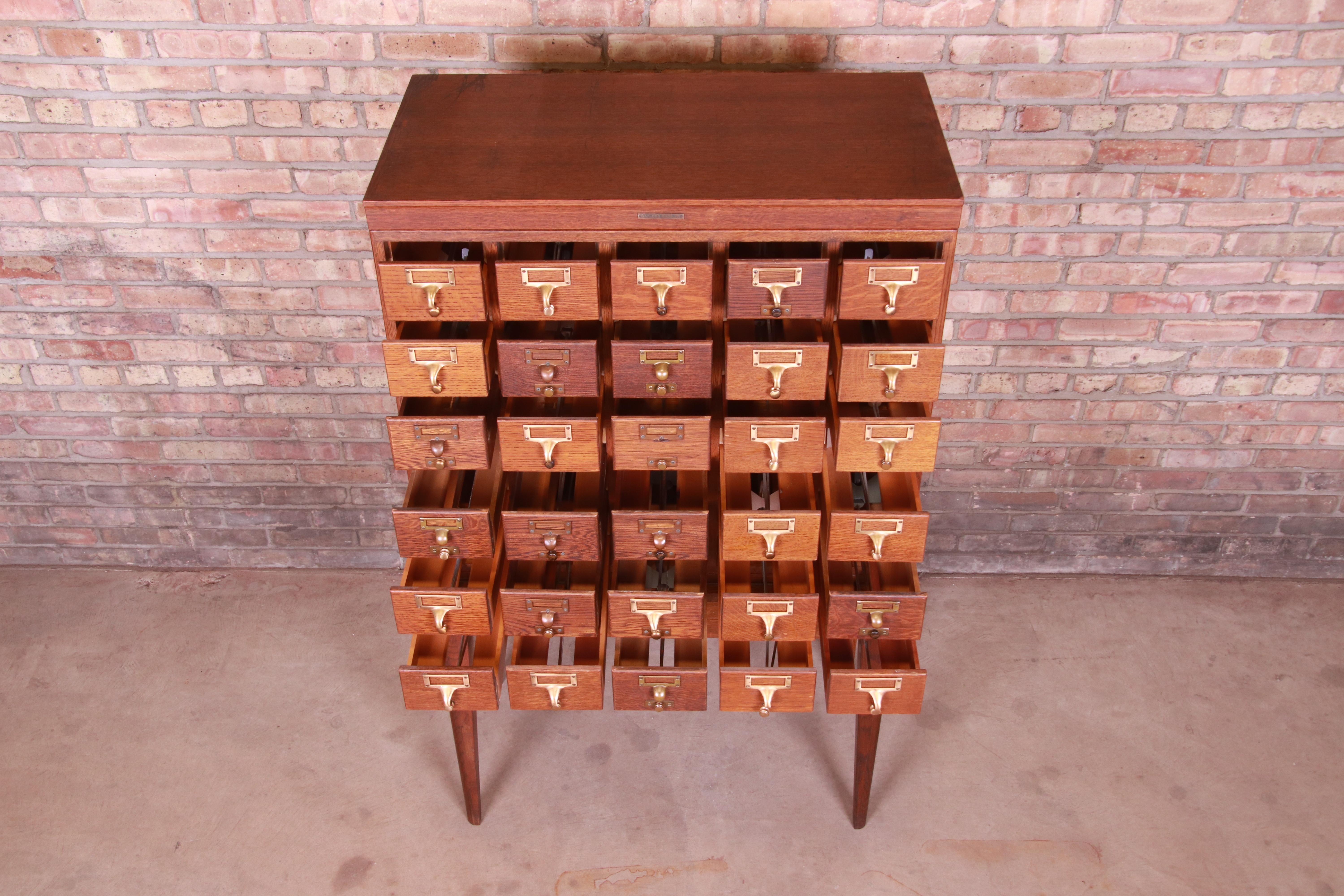 Brass Mid-Century Modern 30-Drawer Oak Library Card Catalog by Gaylord Bros.