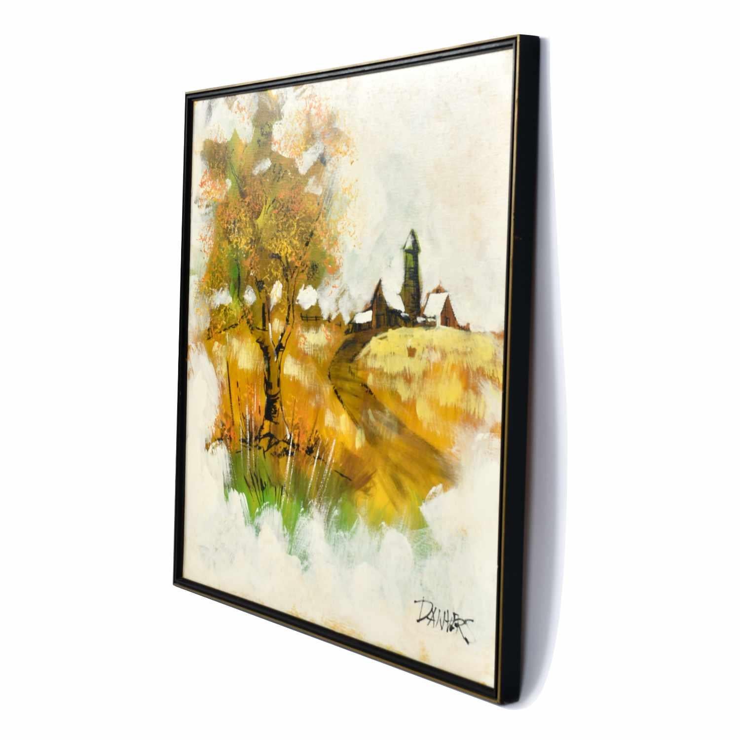 Handsome Mid-Century Modern rural homestead painting. The charming scene depicts a humble homestead in the distance, nestled amongst a pasture. A large tree commands the foreground while a pathway leads the viewer back toward the domicile. Earthy