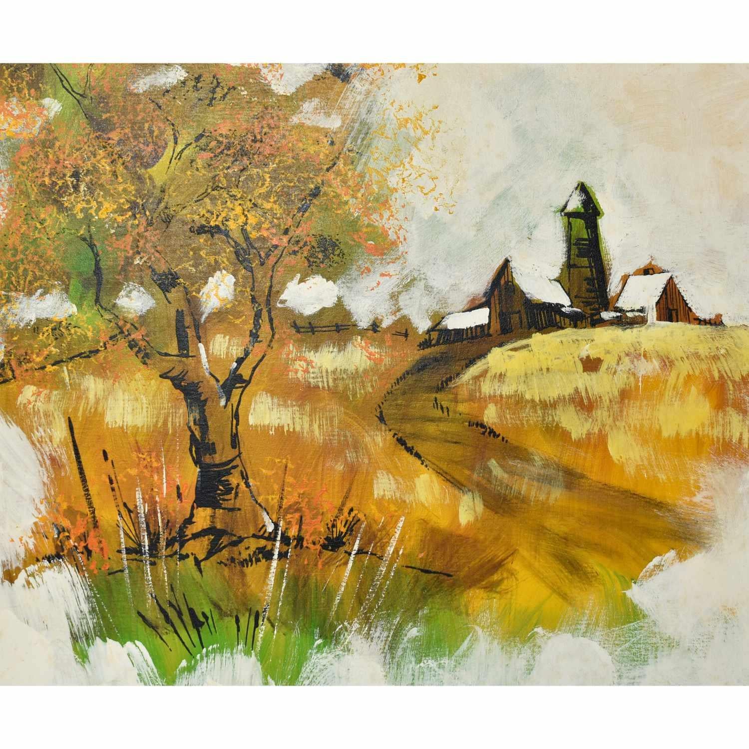 Late 20th Century Mid-Century Modern Square Cream Yellow and Green Rural Homestead Painting