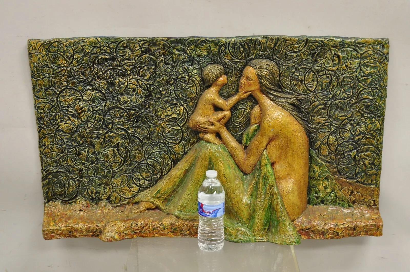 Mid Century Modern 3D Fiberglass Relief Mother & Child Nude Wall Art Sculpture. Circa Mid 20th Century. Measurements: 20