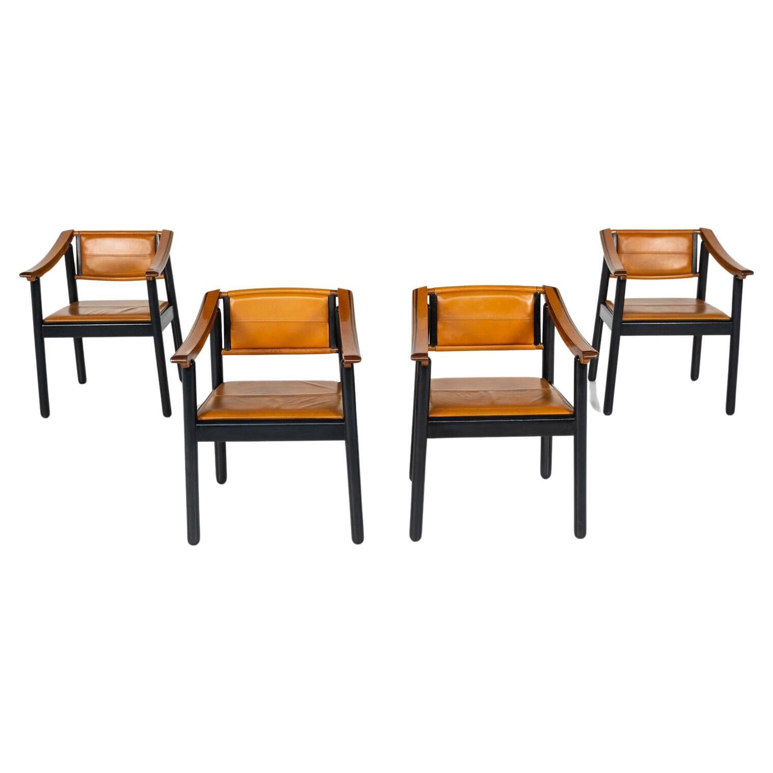 Mid-Century Modern 4 Armchairs in the style of Scarpa, Wood and Leather, Italy For Sale
