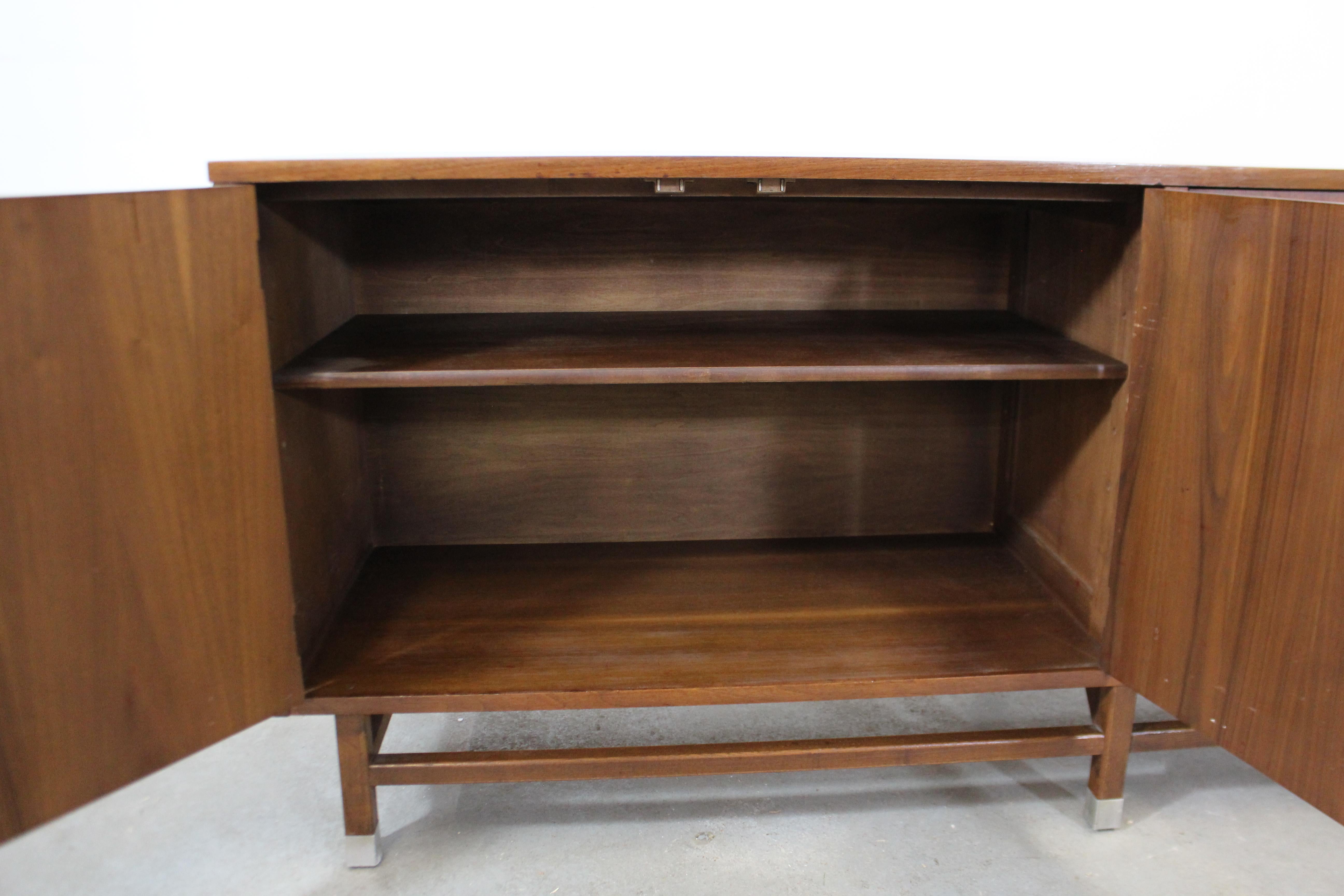 Chrome Mid-Century Modern H Paul Browning 4-Door Parquet Walnut Credenza Sideboard  For Sale