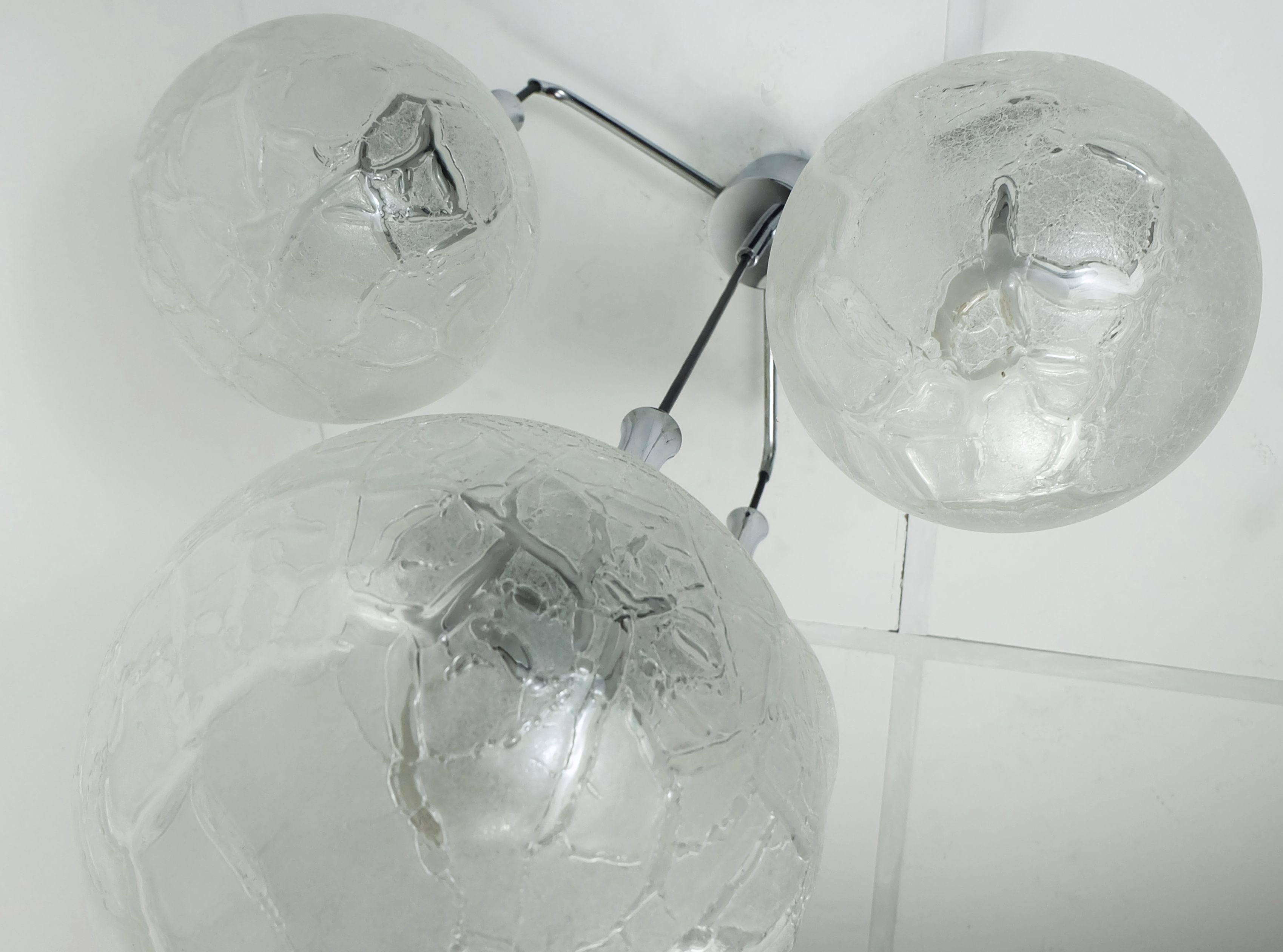 German mid century modern 4-light PENDANT LAMP glass and chrome cascading light 1970s For Sale