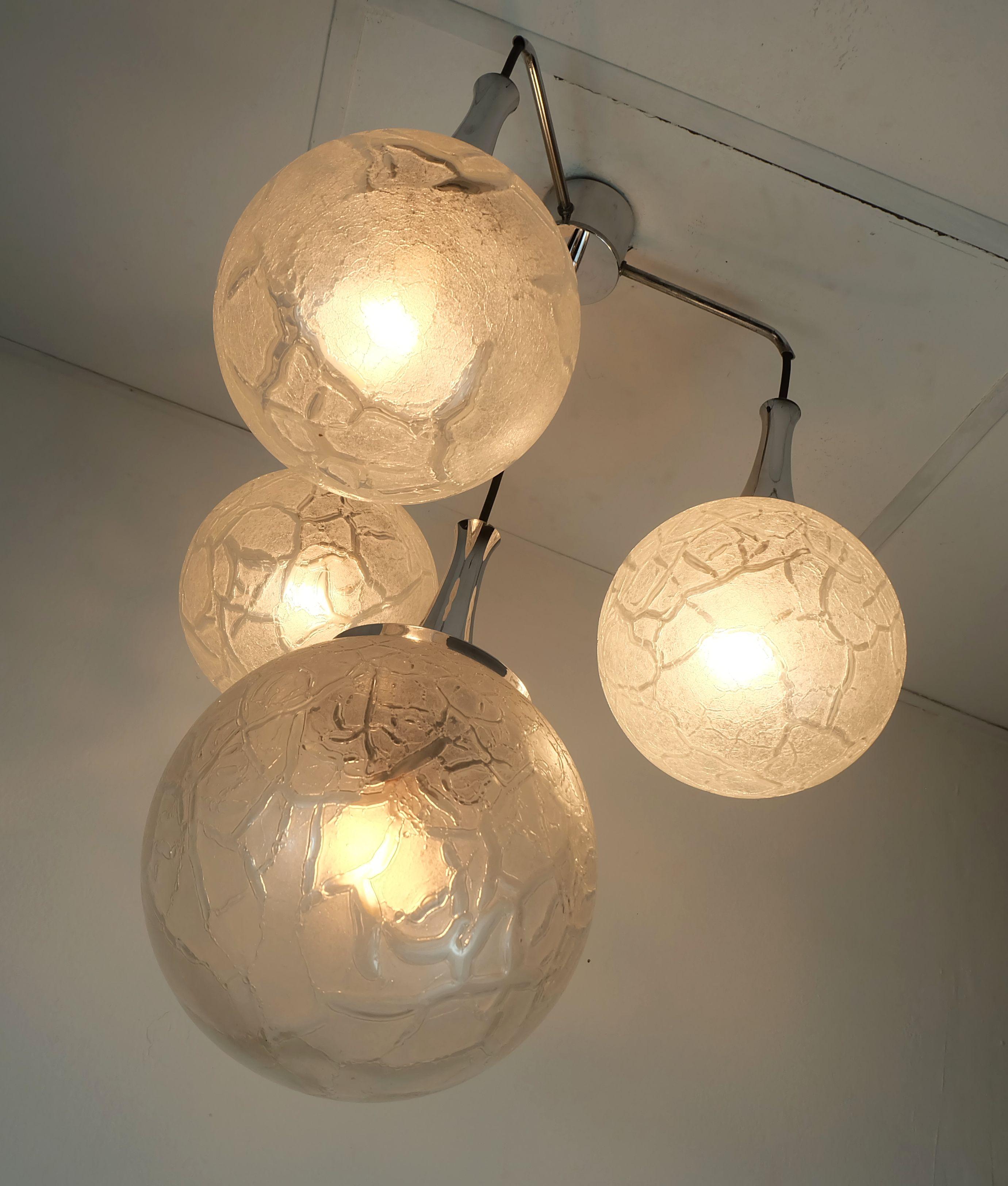 Glass mid century modern 4-light PENDANT LAMP glass and chrome cascading light 1970s For Sale