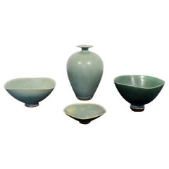 Mid Century Modern 4 Pc Ceramic Set Signed Berndt Friberg Blue Hare Glaze 1960s