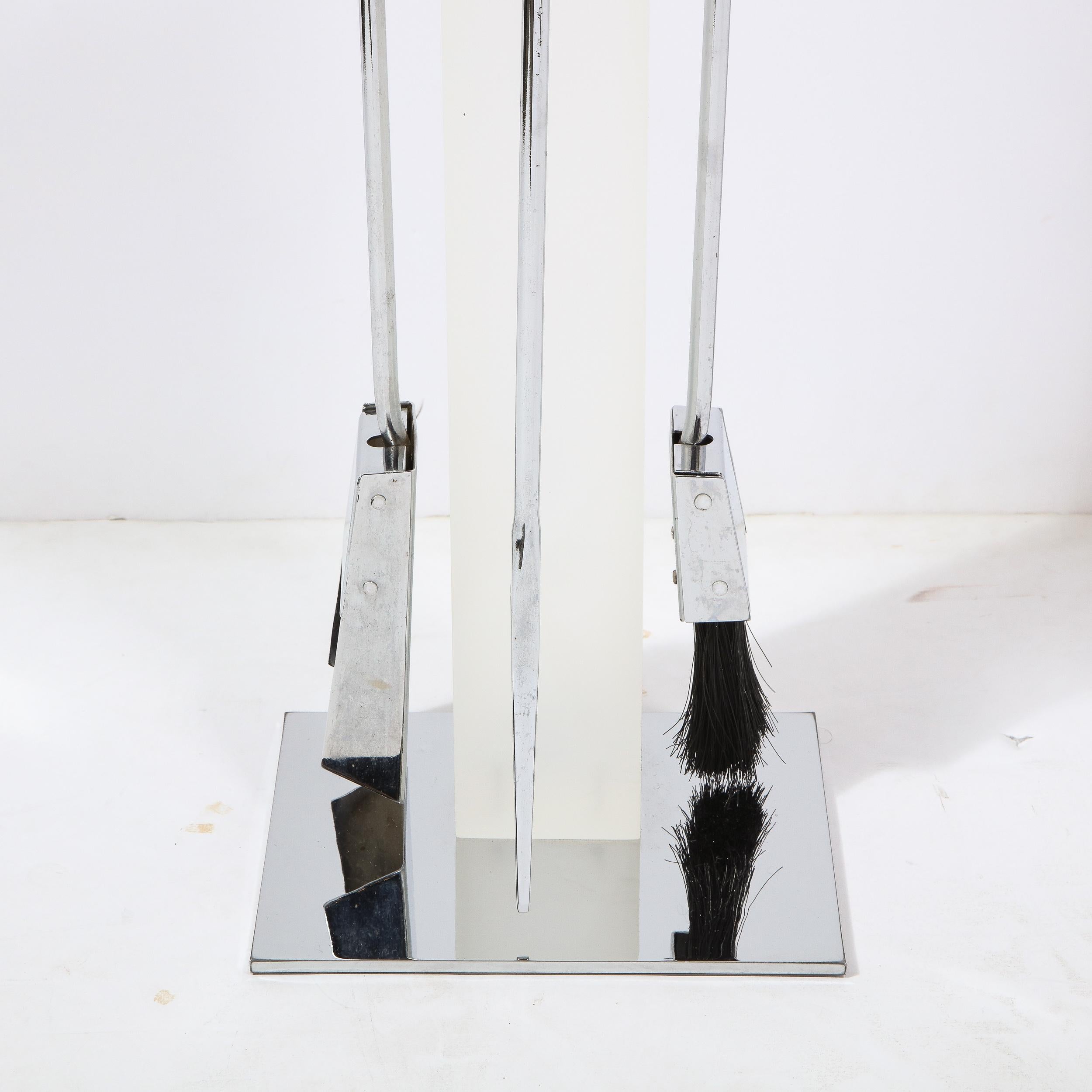 American Mid-Century Modern 4 Piece Chrome & Frosted Lucite Fireplace Tool Set by Pace For Sale