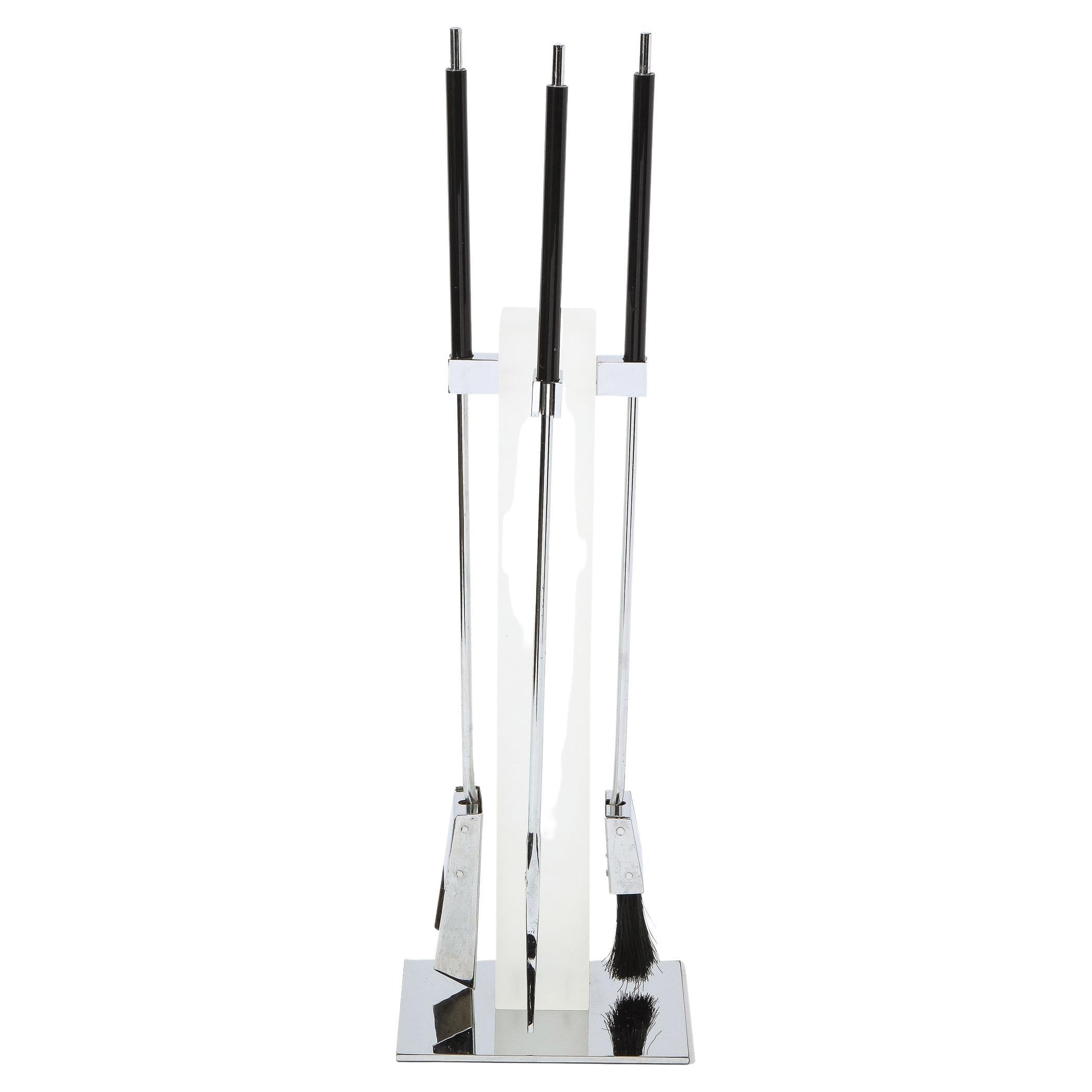 Mid-Century Modern 4 Piece Chrome & Frosted Lucite Fireplace Tool Set by Pace