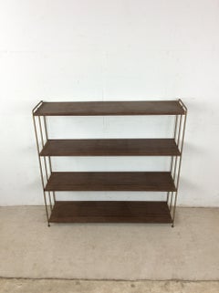 Mid Century Modern 4 Shelf Bookcase with Faux Wood Print & Brass Accents