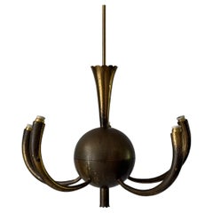 Mid-Century Modern 5-Armed Brass Large Ceiling Lamp, 1950s, Italy
