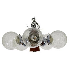 Mid Century Modern 5 Bulb Crackle Glass Wood Pendant Chandelier Fixture 1960s