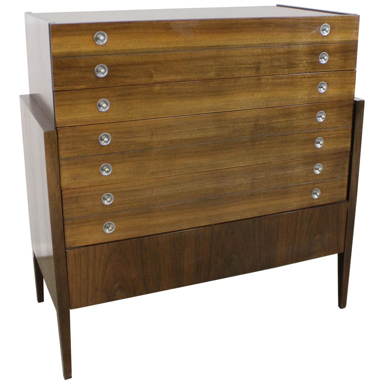 Mid Century Modern 5 Drawer Walnut Tall Chest Of Drawers Dresser