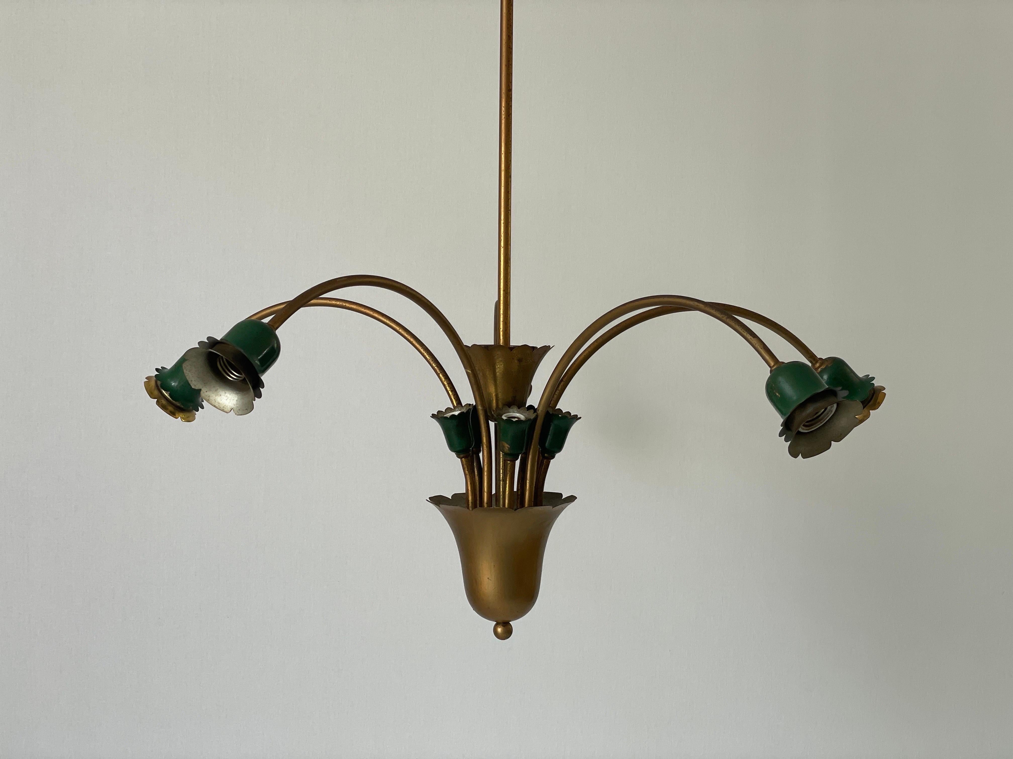 Lustre à 5 têtes en métal vert et laiton, milieu du siècle dernier, 1950, Italie en vente 3