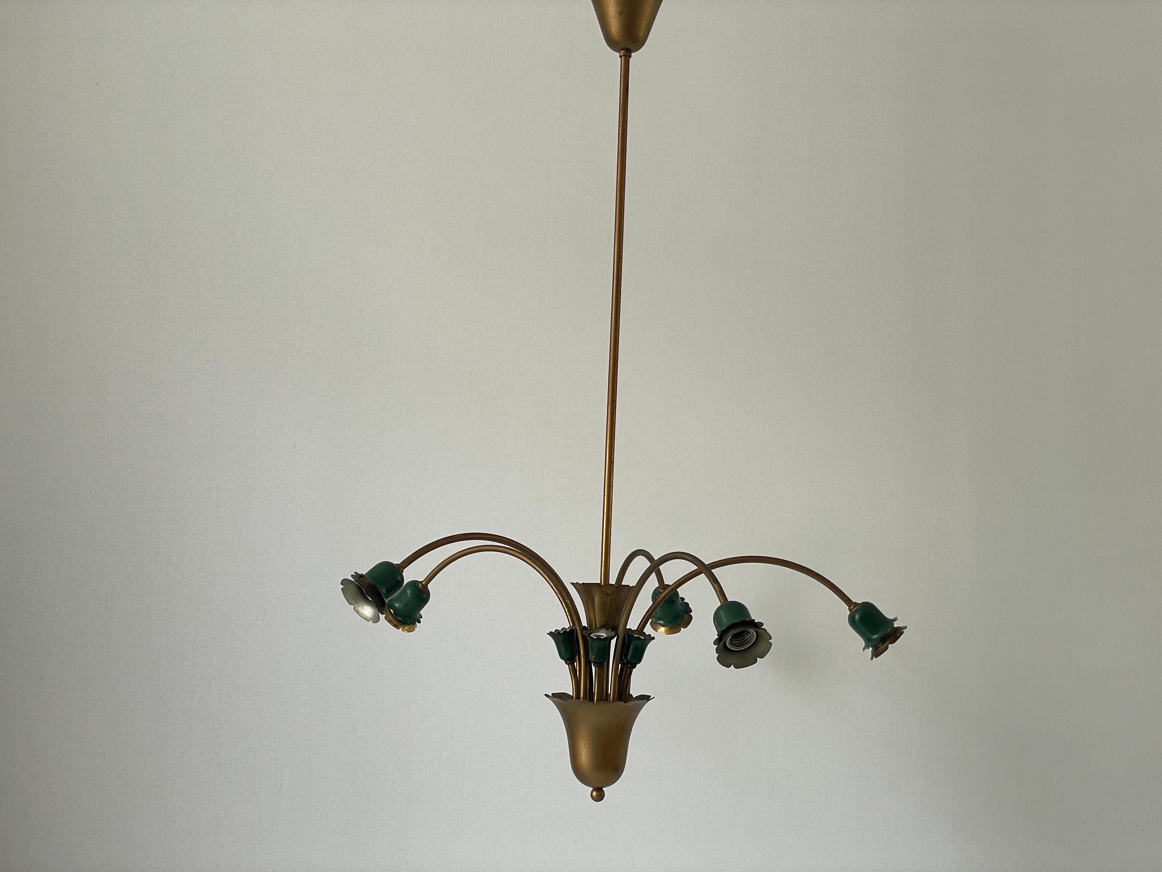 Lustre à 5 têtes en métal vert et laiton, milieu du siècle dernier, 1950, Italie en vente 4