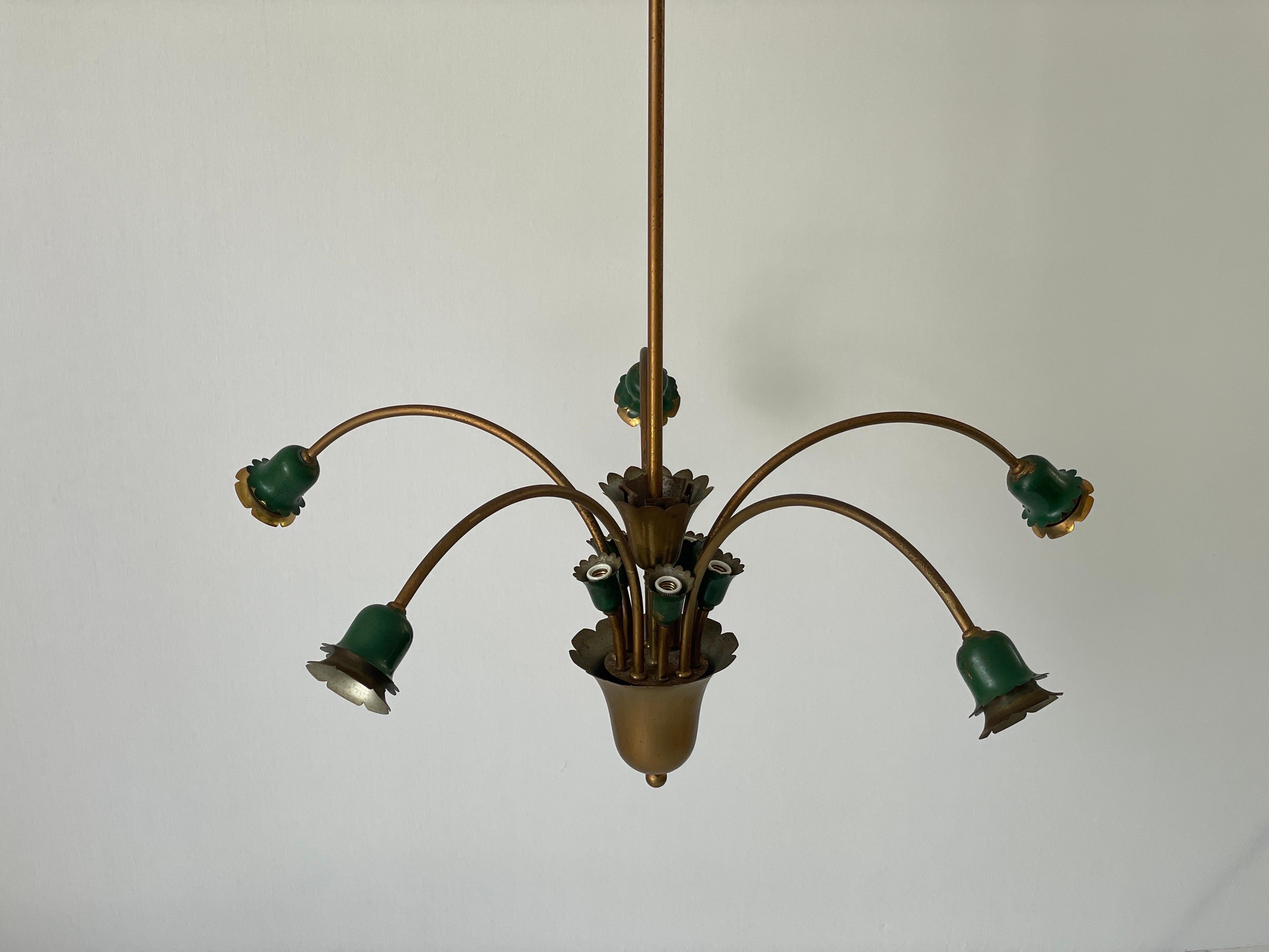 Lustre à 5 têtes en métal vert et laiton, milieu du siècle dernier, 1950, Italie en vente 5