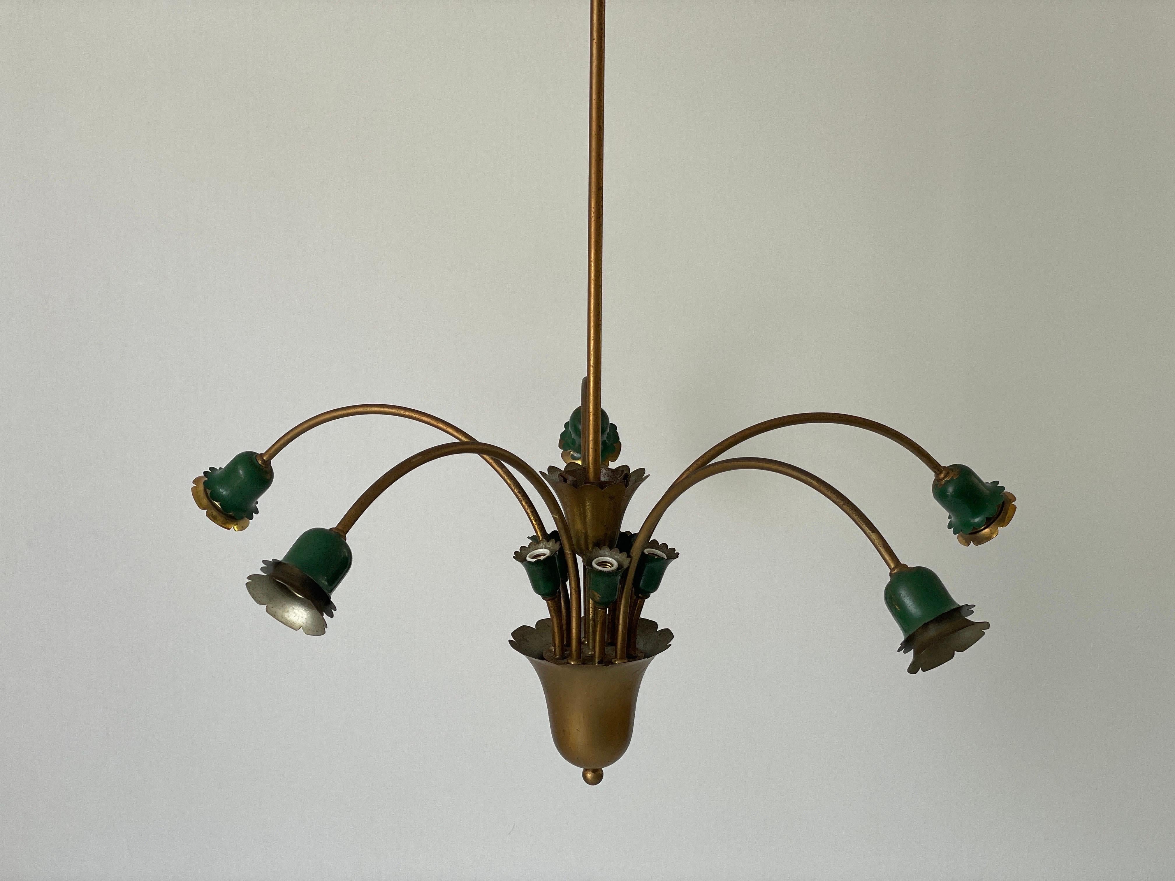 Lustre à 5 têtes en métal vert et laiton, milieu du siècle dernier, 1950, Italie en vente 7