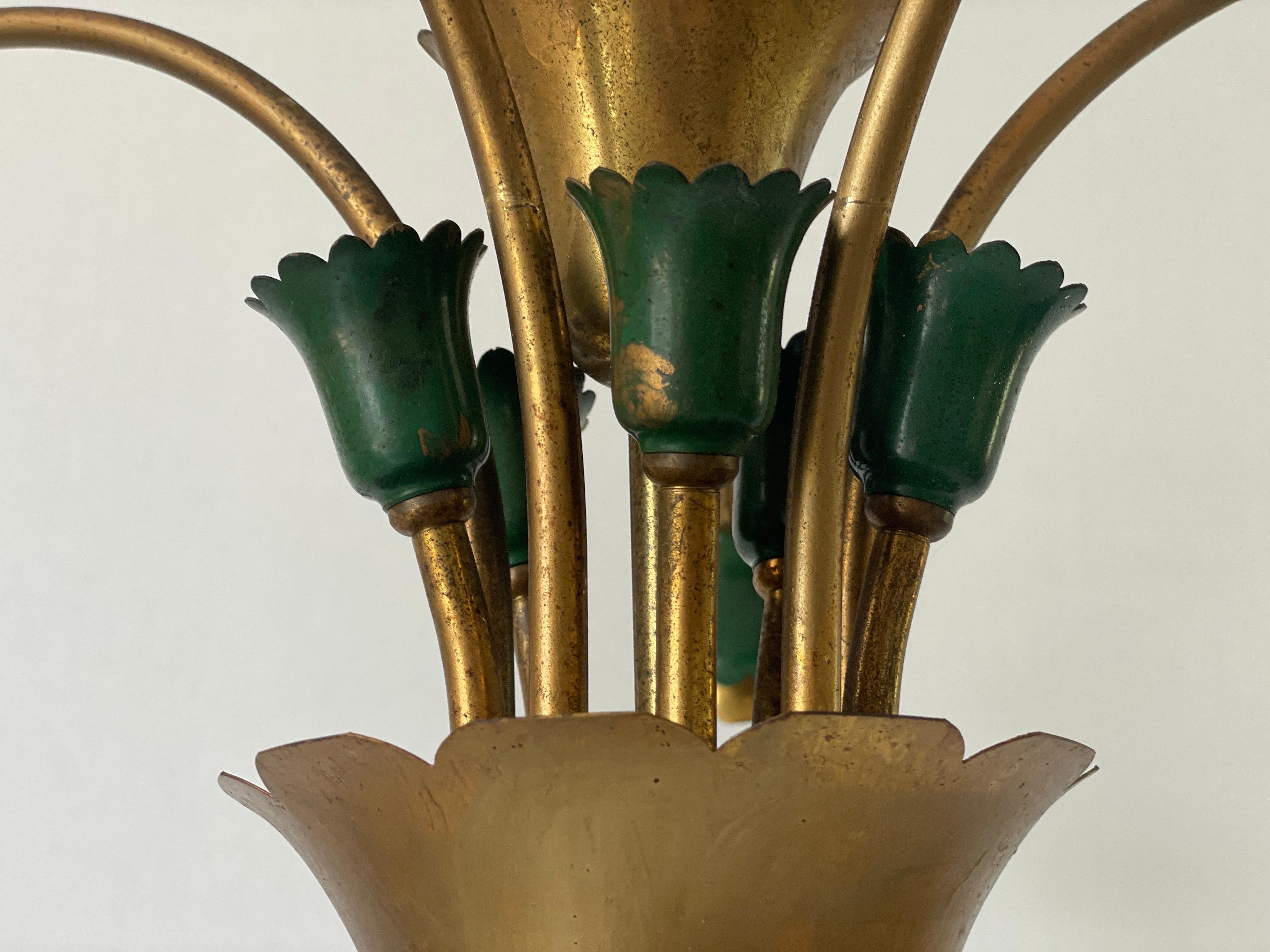 Lustre à 5 têtes en métal vert et laiton, milieu du siècle dernier, 1950, Italie en vente 8