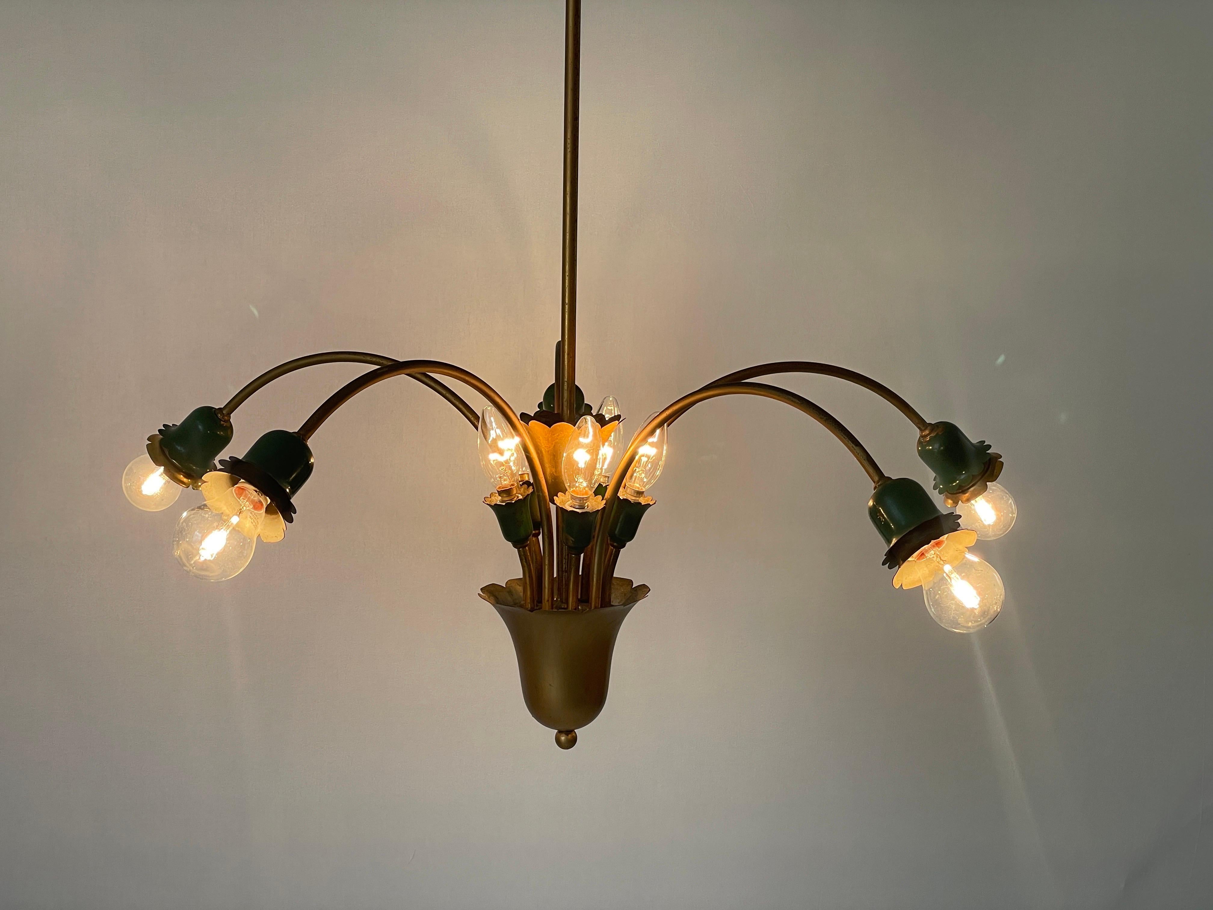 Lustre à 5 têtes en métal vert et laiton, milieu du siècle dernier, 1950, Italie en vente 9