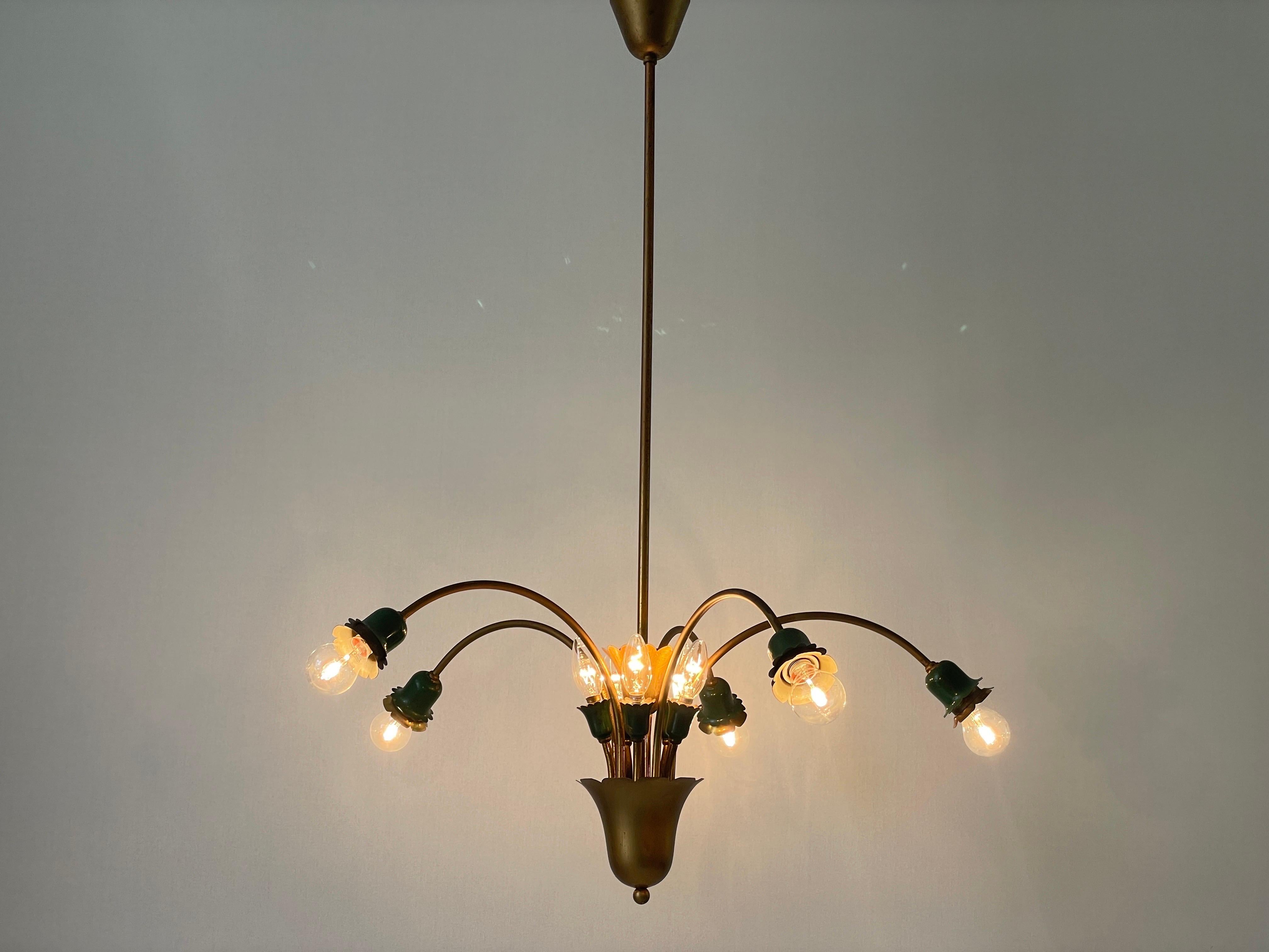 Lustre à 5 têtes en métal vert et laiton, milieu du siècle dernier, 1950, Italie en vente 10
