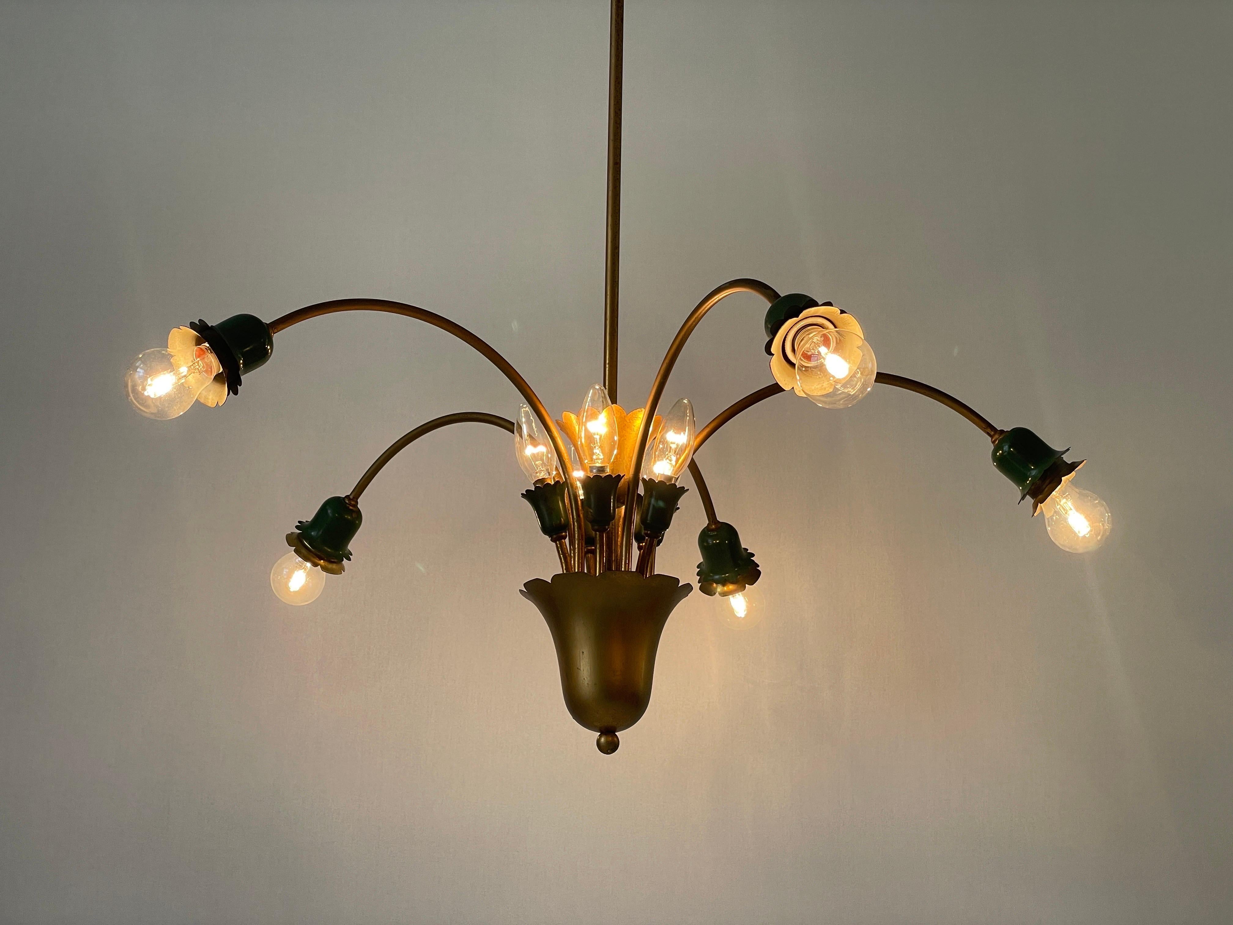 Lustre à 5 têtes en métal vert et laiton, milieu du siècle dernier, 1950, Italie en vente 11